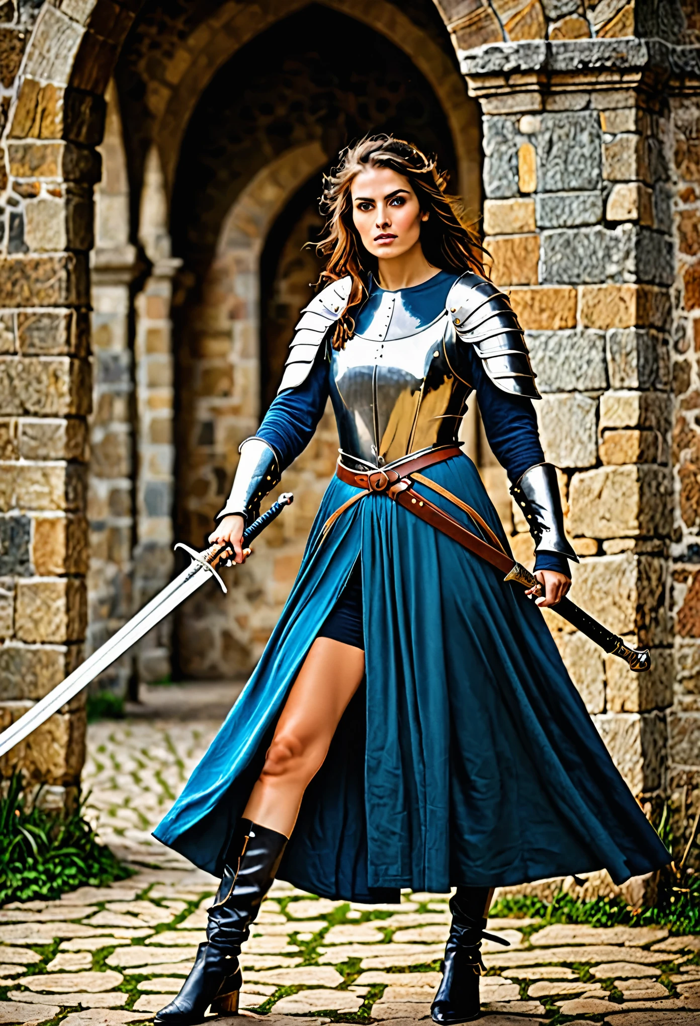 Mulher guerreira medieval segurando um espada longa 