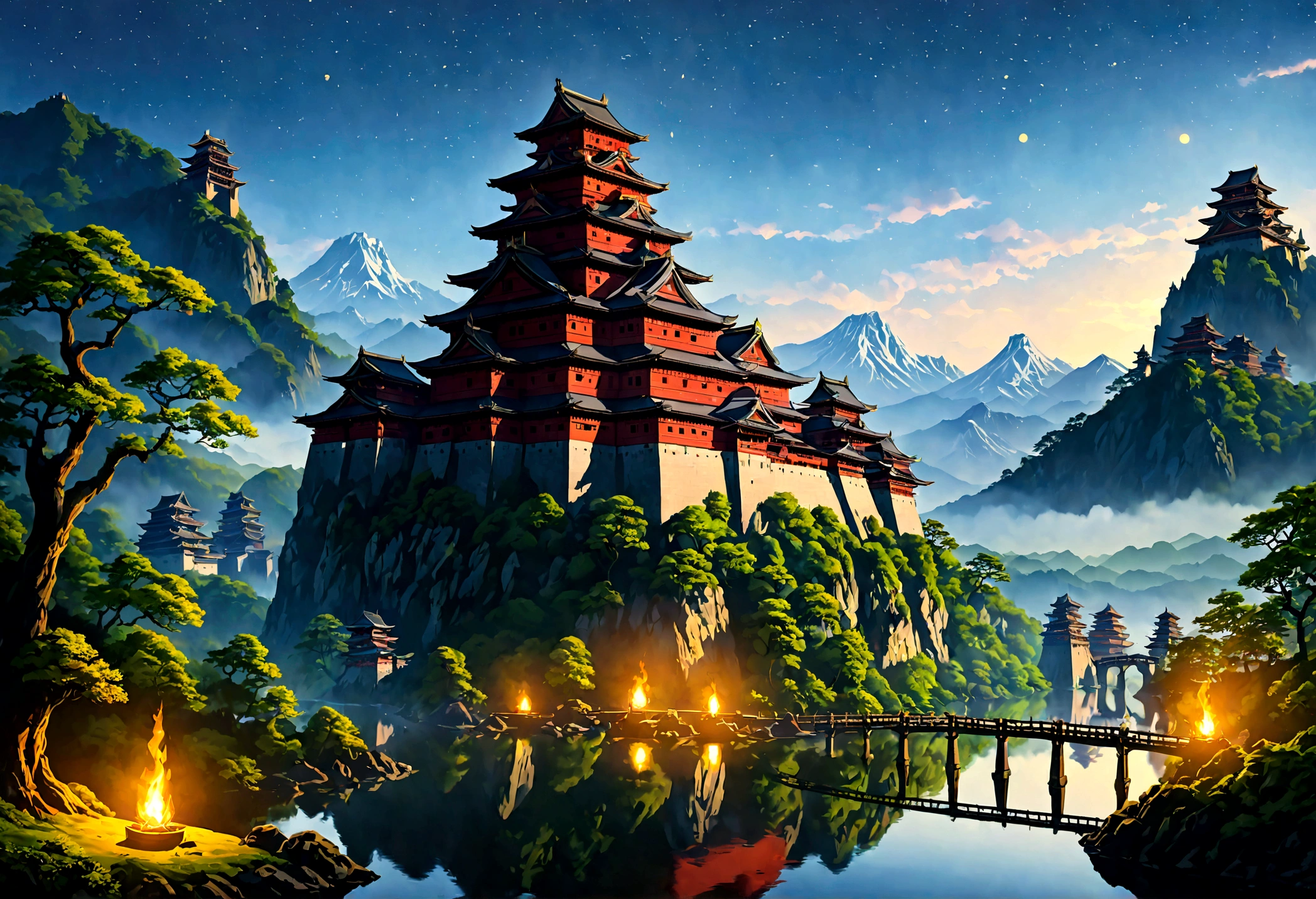 an award winning picture, National Geographic style, Arafed, magnificent artistic picture of a (Japanese medieval castle: 1.4) (masterpiece, best detailed: 1.4)on a mountain range near a lake at dusk, fantasy art D&D art, castle, with towers, turrets, barbican, it is dusk time, the sun is going down, and there are stars in the skies, the last rays of sun, there is a ((bridge lit by torches: 1.4)) crossing to the other side, the castle is being reflected in the water, mist rising from the water, fantasy forest background, ultra best realistic, best details, 16k, [ultra detailed], masterpiece, best quality, (extremely detailed), photorealism, depth of field, hyper realistic painting, Cinematic Hollywood Film style, digital art