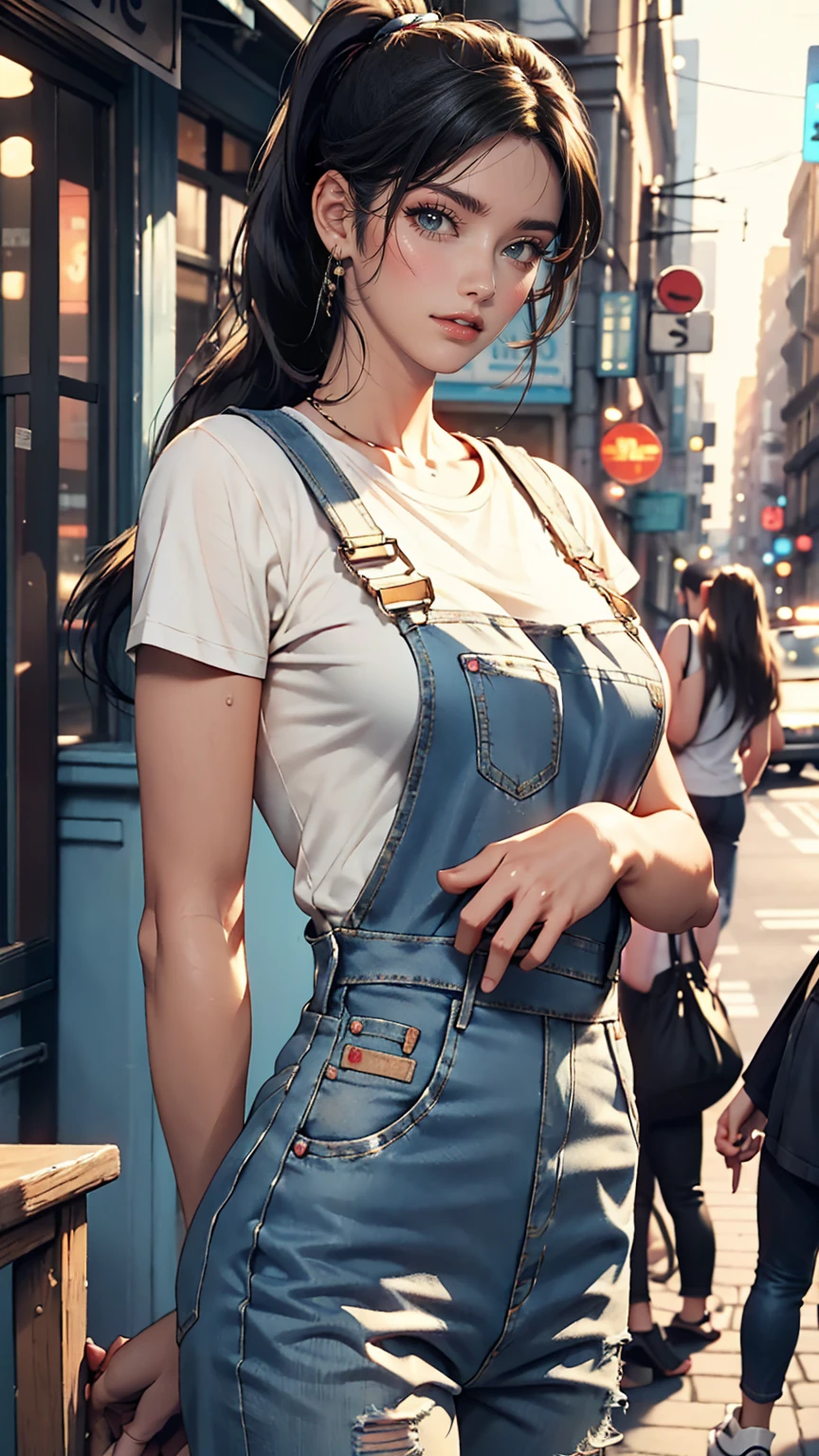 pho3b3cat3s photos, Beautiful woman, ((24-years-old)), street, T-Shirts, Denim overalls, 1980s, Retro, Long wavy black hair in a ponytail, (masterpiece), (Highly detailed CG Unity 8k wallpaper), Complex, ((Realistic)),