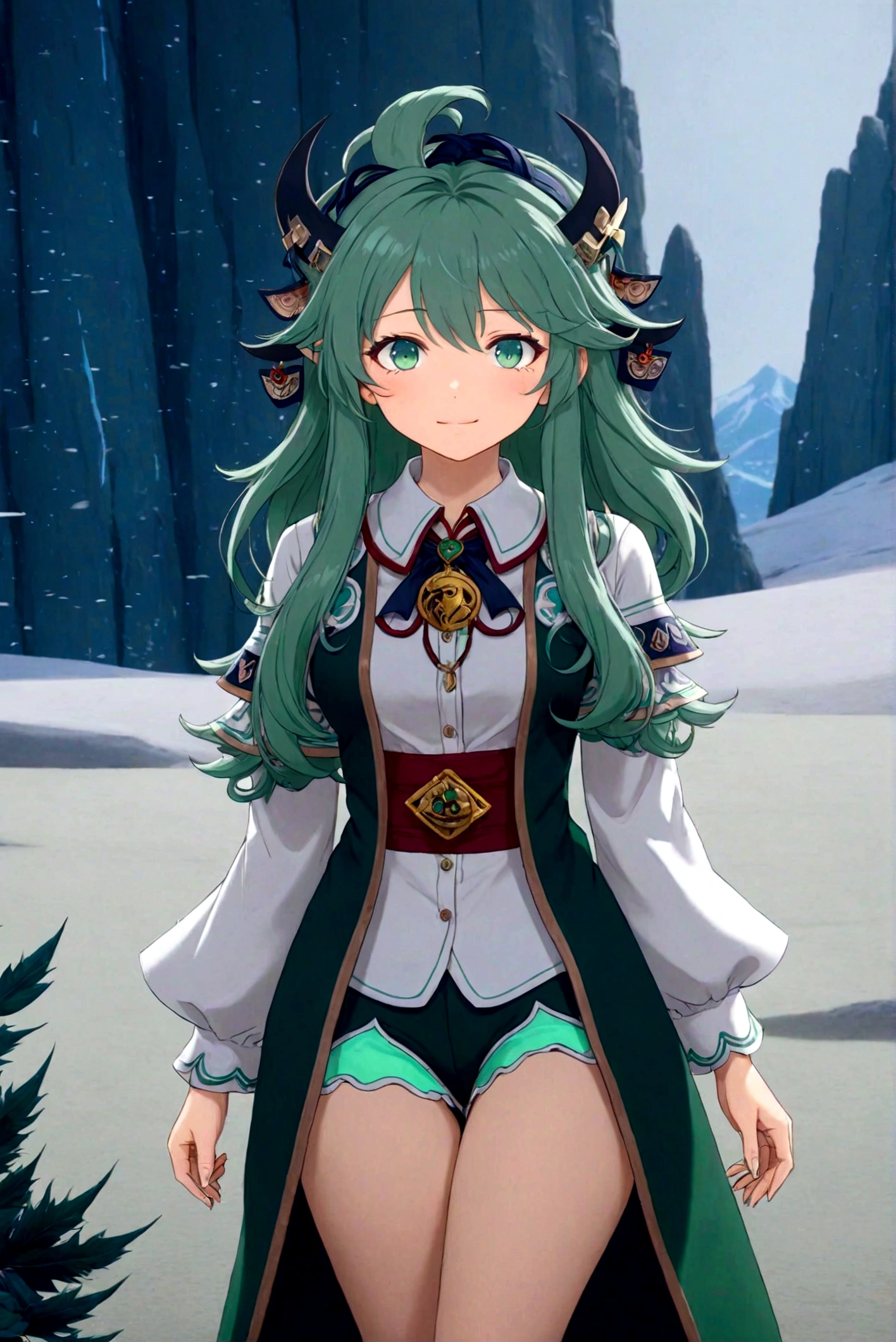 a beautiful anime girl with green hair, wearing a white shirt with a collar, detailed and realistic, highly detailed face and eyes, intricate details, photorealistic, 8k, masterpiece, vivid colors, dramatic lighting, cinematic composition, fantasy, elegant, graceful, peaceful expression,Runes,Demon Catcher,Green long hair