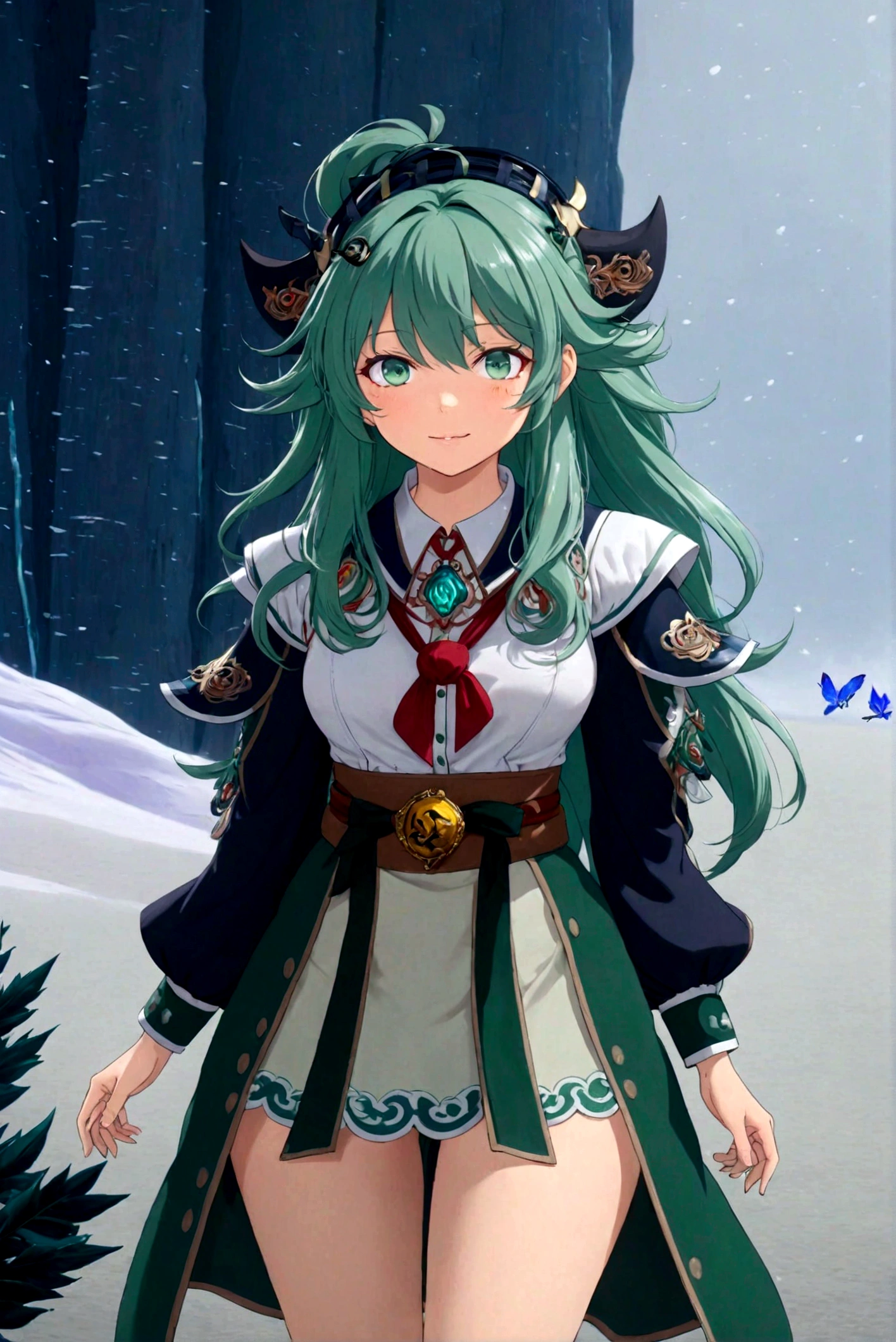 a beautiful anime girl with green hair, wearing a white shirt with a collar, detailed and realistic, highly detailed face and eyes, intricate details, photorealistic, 8k, masterpiece, vivid colors, dramatic lighting, cinematic composition, fantasy, elegant, graceful, peaceful expression,Runes,Demon Catcher,Green long hair