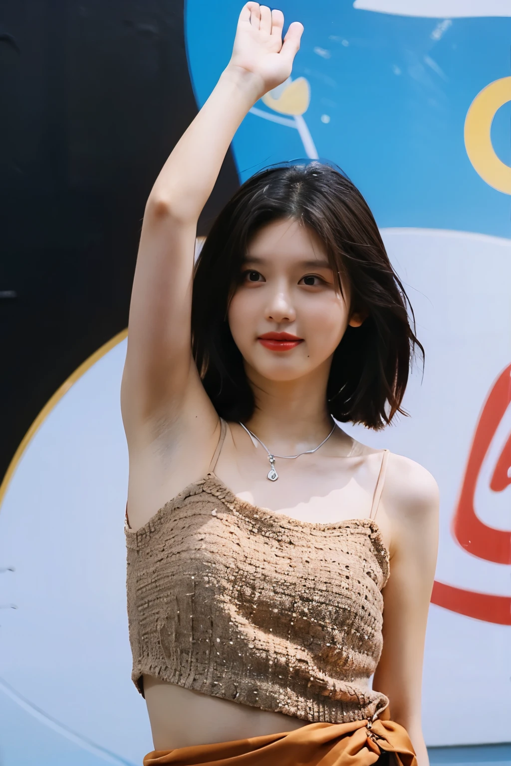 ((Best quality, 8k, Masterpiece :1.3)), Sharp focus :1.2, Raise both your hands straight. Lift your two armpits straight. Above head. Show the texture of your armpits. In front of the camera. Armpit detail. Smooth armpits. Fine. , Korean artist. ((Shin Soo Hyun. 18year's old)) body. thin. slim. captivating. ((face with make-up. Brown lipstick)) long black hair. Necklace. errings Sarong. Sarong. Sarong Bikini)) stand. Raise both your hands straight. Lift your two armpits straight. Above head. Show the texture of your armpits. In front of the camera. Armpit detail. Smooth armpits. Fine. And good. Seductive armpits. On the rocks river flow_ mix4, 20d, solo, photo-realistic:1.37. Wearing sunglasses