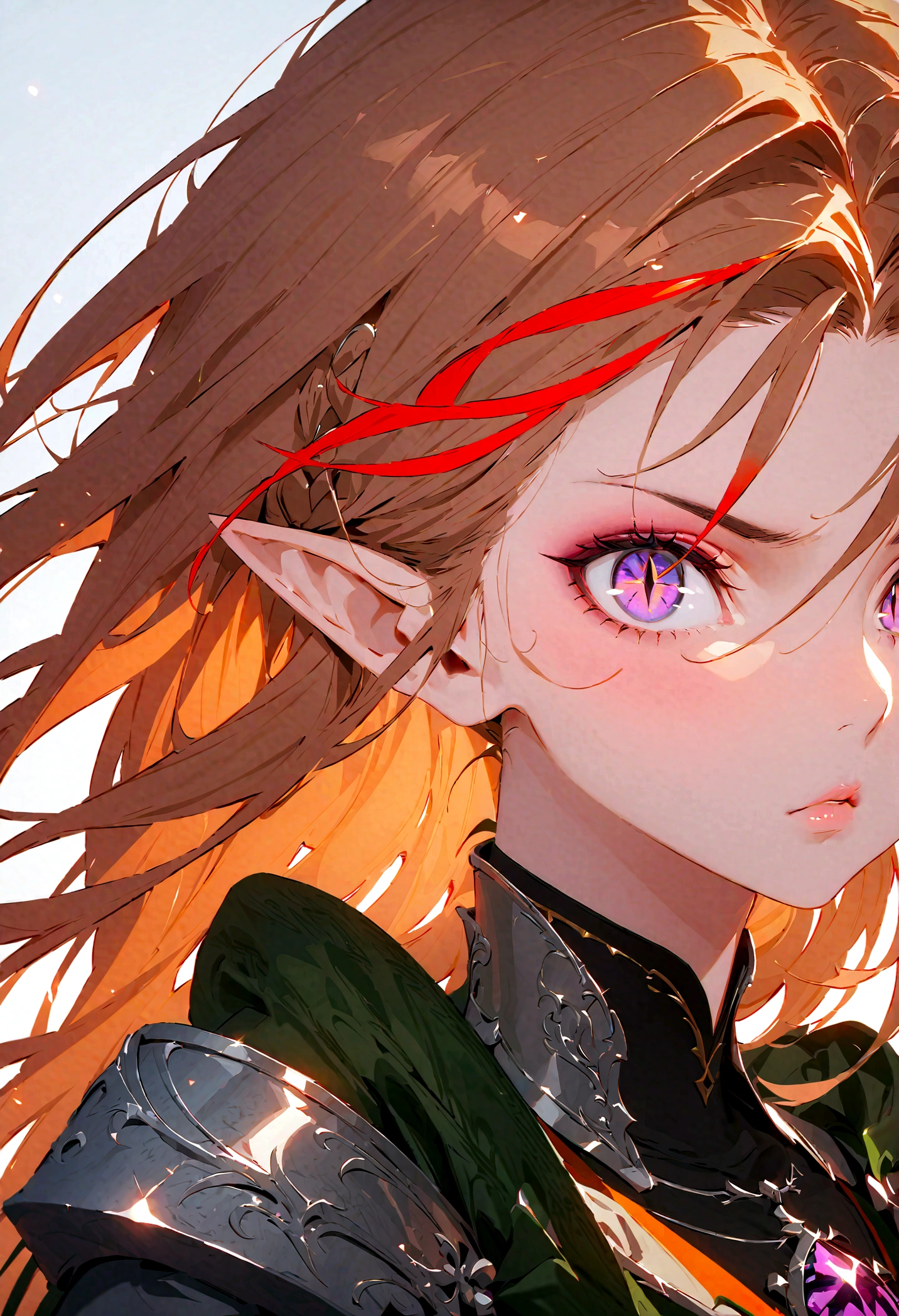 Brilliant colors,Beautiful woman in tight and elegant knight&#39;s armor with surreal details, Delicate and sharp eyes,close-up,atmospheric perspective,1girl,dragon girl,valkyrie,armored dress,large breasts,pointy ears,long hair,red hair,streaked hair,crown braid,purple eyes,slit pupils,tsurime,upturned eyes,evil,determined,best quality,Amazing,masterpiece,ultra detailed,8K,cool,sharp focus,