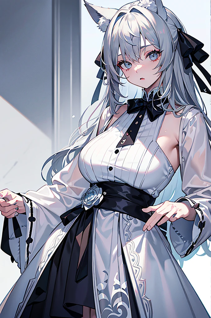 best qualtiy,tmasterpiece,The is very detailed,4K,Gray hair and shallow eyes,Drag cool expressions,Wolf ears,Erect scar on the left eye,British style,1girl,Absolutely beautiful, big bust, white costume, ear ribbon