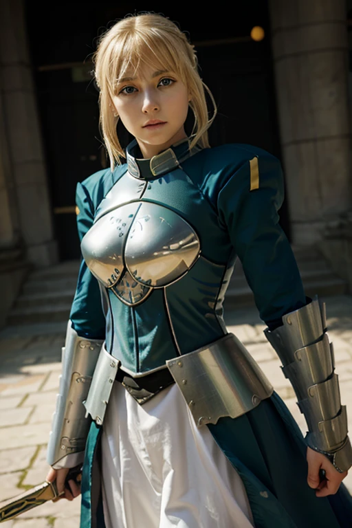 artoria pendragon, 1girl, green eyes, blonde hair, slim perfect body, ufotable, realistic eyes, full body