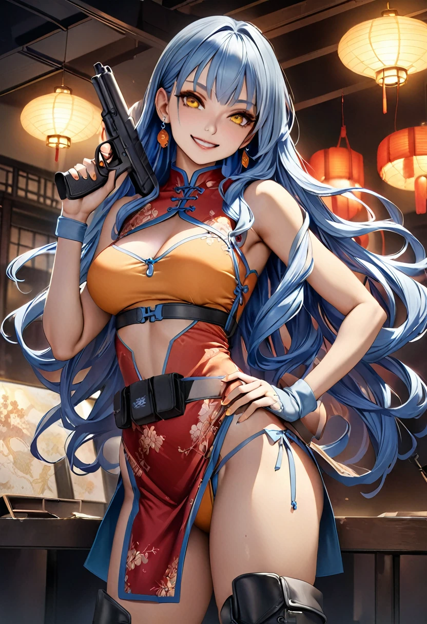 (Perfect Anatomy)、masterpiece、super high quality、 8k、Realistic、masterpiece、highest quality、Ultra-high resolution、Maximum resolution、Very detailed、Professional Lighting、anime、Adult female、thin、so beautiful、Very detailedな目、Draw the whole body、China dress、he has a gun、Holding a handgun in both hands、Yellow Eyes、Blue Hair、Long Wavy Hair、Earrings、Fingerless gloves、Tactical Boots、Equipped with transparent orange sunglasses、Equipped with a chest rig、Fearless Smile