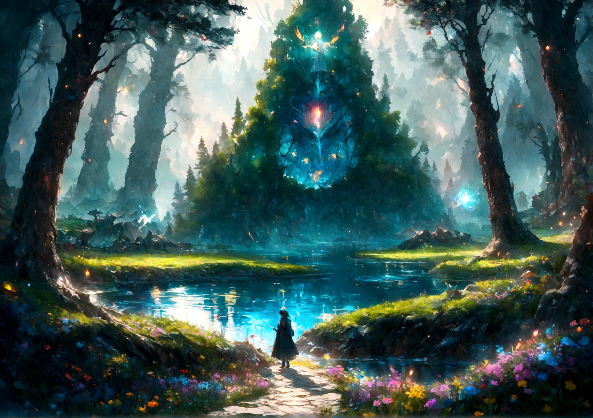 (Light magic:1.2), (Grim:1.1) forest, springtime, (Intricate details), A mirror-like lake,(ultra - detailed), 8k hdr, high detal, A lot of detail, High quality,Tyndall effect, (Colored:1.3)