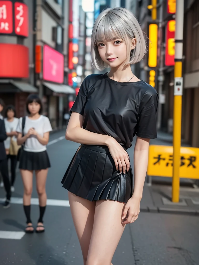 (8k, RAW Photos, highest quality, masterpiece:1.2), (Realistic, photo-Realistic:1.4), (Highly detailed 8k wallpaper), ((Full Body Shot)), (1 girl), Sharp focus, Depth of written boundary, Cinematic lighting, Soft Light, 緻密な美しさのeye, eye_Chan, Very beautiful 17 year old girl, innocent big eyes, Realistic, photo Realistic, Highly detailed cute girl, (Thin thighs), (Model Body Type), 18-year-old, (Pink casual short sleeve t-shirt), (Black leather micro mini pleated skirt), (((Fold your arms in front of your chest and act arrogantly))), ((A happy smile)), Parted lips, Watching the audience, (On the streets of Tokyo) , (Silver Hair),(Short Bob Hair), (Asymmetrical bangs)
