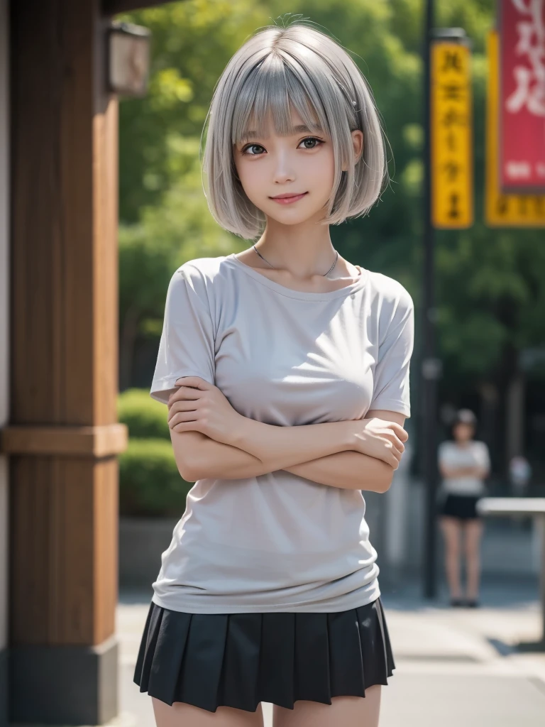 (8k, RAW Photos, highest quality, masterpiece:1.2), (Realistic, photo-Realistic:1.4), (Highly detailed 8k wallpaper), ((Full Body Shot)), (1 girl), Sharp focus, Depth of written boundary, Cinematic lighting, Soft Light, 緻密な美しさのeye, eye_Chan, Very beautiful 17 year old girl, innocent big eyes, Realistic, photo Realistic, Highly detailed cute girl, (Thin thighs), (Model Body Type), 18-year-old, (Pink casual short sleeve t-shirt), (Black leather micro mini pleated skirt), (((Fold your arms in front of your chest and act arrogantly))), ((A happy smile)), Parted lips, Watching the audience, (On the streets of Tokyo) , (Silver Hair),(Short Bob Hair), (Asymmetrical bangs)