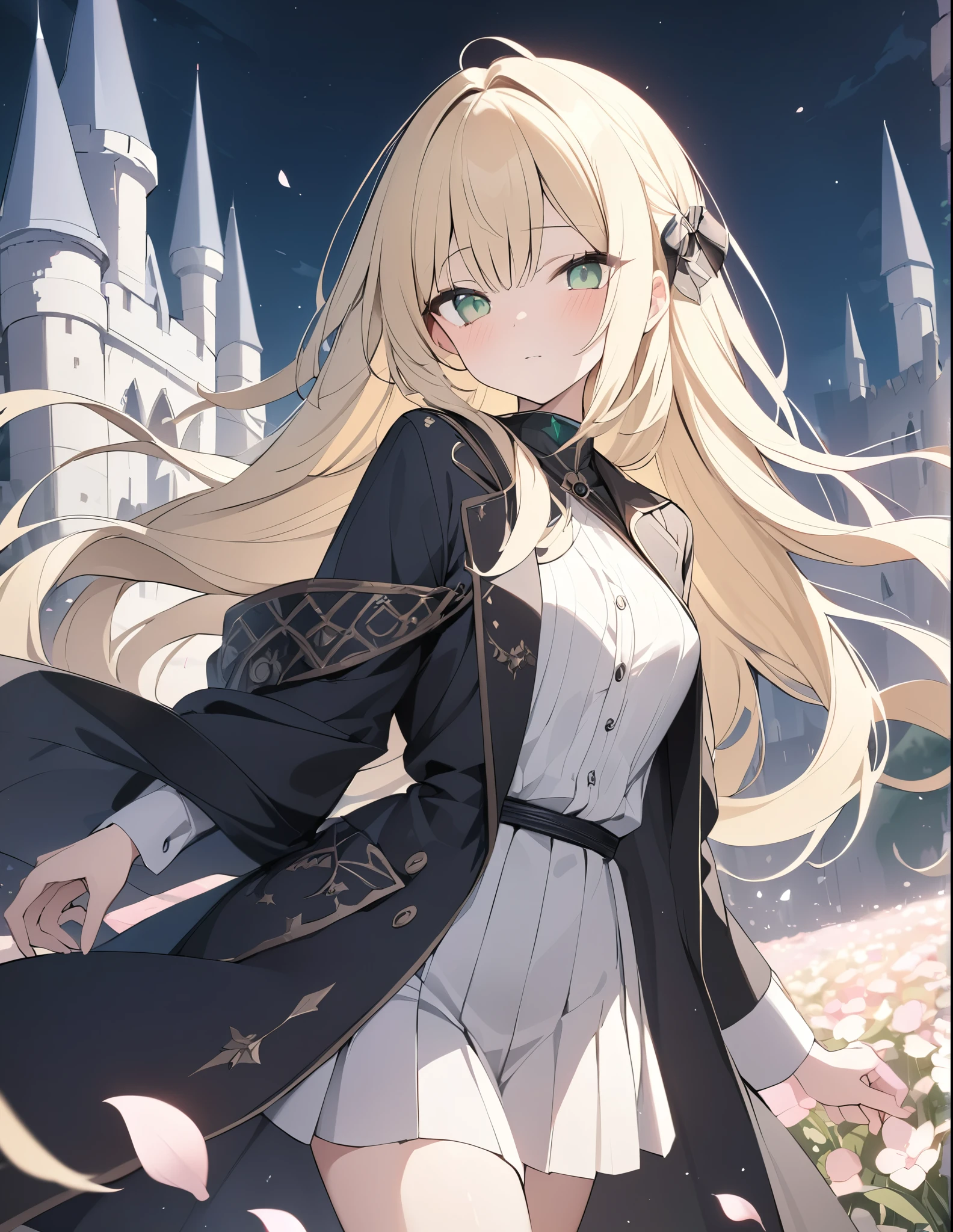 ((detailed、masterpiece)),((pale colour)),35mm, f/1.2, UHD, high details, best quality, highres, masterpiece、Medieval fantasy world、Castle in the background、Black long coat、girl、Blonde、Emerald Eyes、Flower fields all around、The petals dance and shine