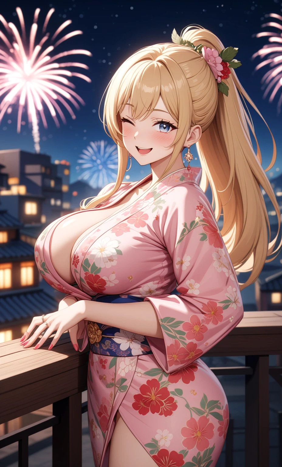 ((one personの女性)), Beautiful Face,Laughing embarrassedly,((Wink:2.0)),laugh with a big mouth,turn bright red,Glossy pink lips,night,rooftop,Festive decorations,You can see the ocean, firework,((Anime style background)),masterpiece, highest quality, so beautiful, Latest, Complex details, (Pink long nails),AI-generated, Complex,High resolution, highest quality, super high quality,3D Images、View your viewers、3D Images,one person,Long Blonde Hair,High Ponytail,blue eyes,Anime woman posing for a photo, (Fine grain,Silvery white colorful eyes,Shining Eyes:1.2),(Squint your eyes:1.1),a hyperRealistic , hyperRealistic , Realistic,Blonde anime woman with long hair, Smooth anime CG art, A woman in a colorful kimono with gold embroidery, (Pink kimono),Red floral pattern,Long flower hair ornament,Big earrings,(ring),(Big Breasts:1.1),Mature Body,Tall,Big Ass,Fine details,Tight waist,Abdominal muscles,(Face close up:1.5)
