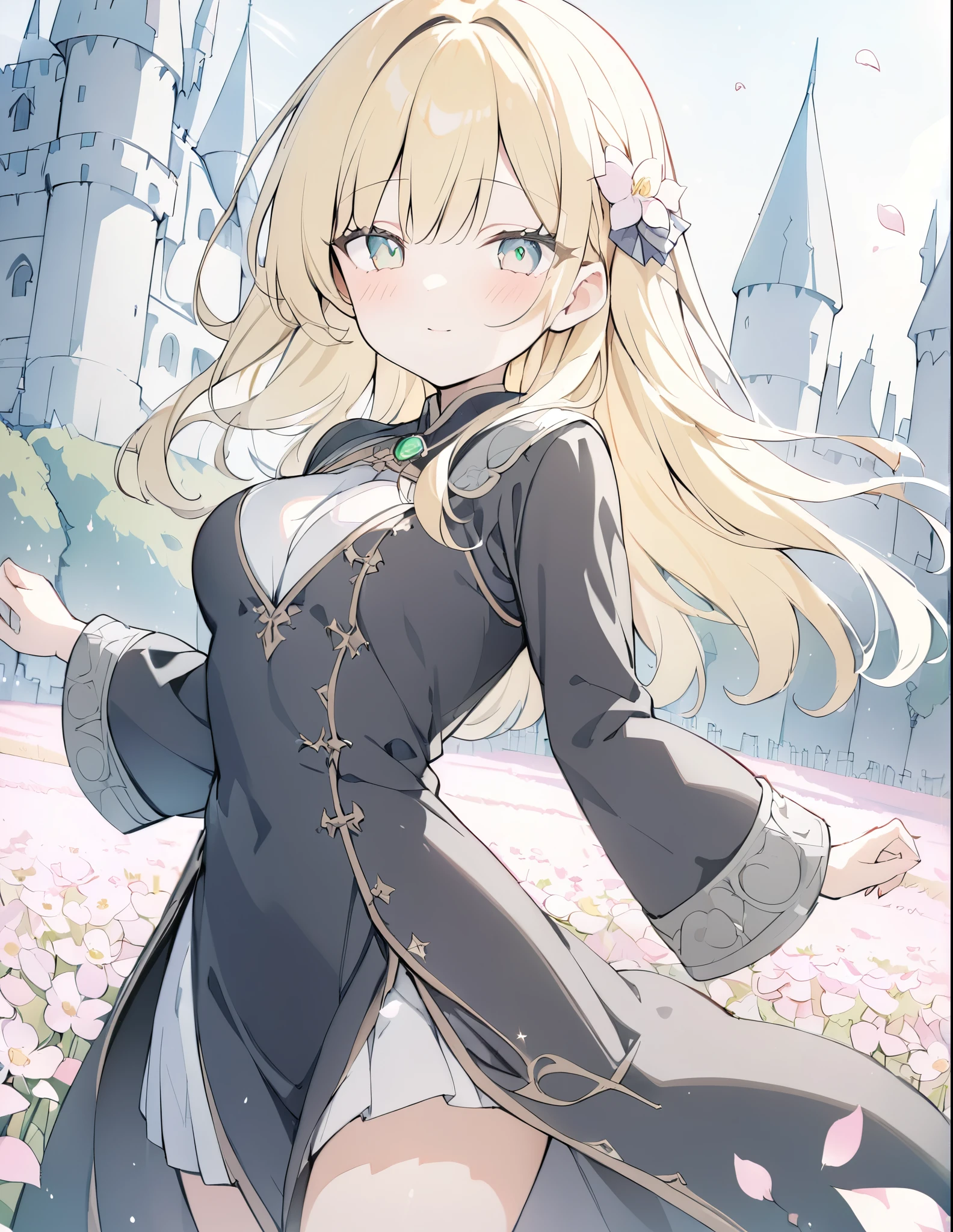 ((detailed、masterpiece)),((pale colour)),35mm, f/1.2, UHD, high details, best quality, highres, masterpiece、Medieval fantasy world、Castle in the background、Black long coat、girl、Blonde、Emerald Eyes、Flower fields all around、The petals dance and shine、cute、Color Pencil