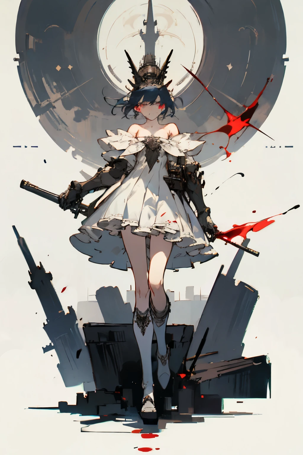 ((best quality)), ((masterpiece)), (detailed), 1girl, off-shoulder, blank white background, plain background, white background, red and white clothing, Bloodborne aesthetic, Bloodborne inspired,  occult aesthetic, occult, detailed and intricate steampunk and detailed gothic, NSFW, Very dramatic and cinematic lighting, cosmic horror, grim-dark, side-lighting, perfect face, NSFW, Fluttering lace flared long knee length dress with frilly petticoats, knee length dress, pleated petticoats, petticoats gothic, complex lace boots, side-lighting, gothic aesthetic, wielding a mighty sword with mechanical components, carbine, NSFW, beautiful small breasts, small breasts, full body, whole body, body, plain background, white background, blank background, no background, white background NSFW, full body, whole body, head-to-toe NSFW, 