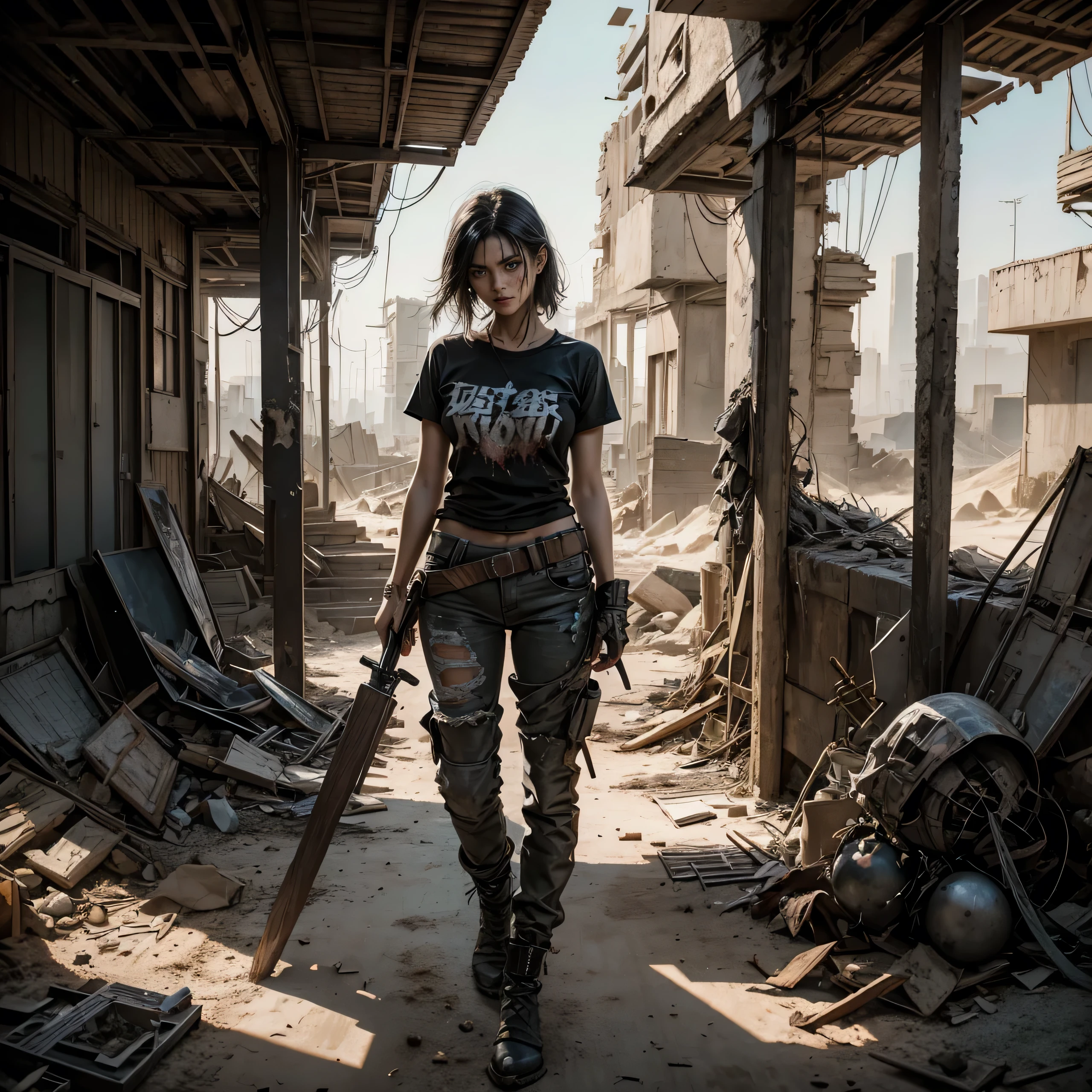 Dry sand dystopian world, dust and wind, in shattered concrette build ruins, servicing beautiful sexy blonde black haired woman victim warrior wearing rags tee shirt and torn under pant, holding sharpend wooden stick tip covered in blood, no armor, no guns, 36k resolution, hyperdetailed, modern impresionism sereal and realism art style (( Sexiest )) showing  , 