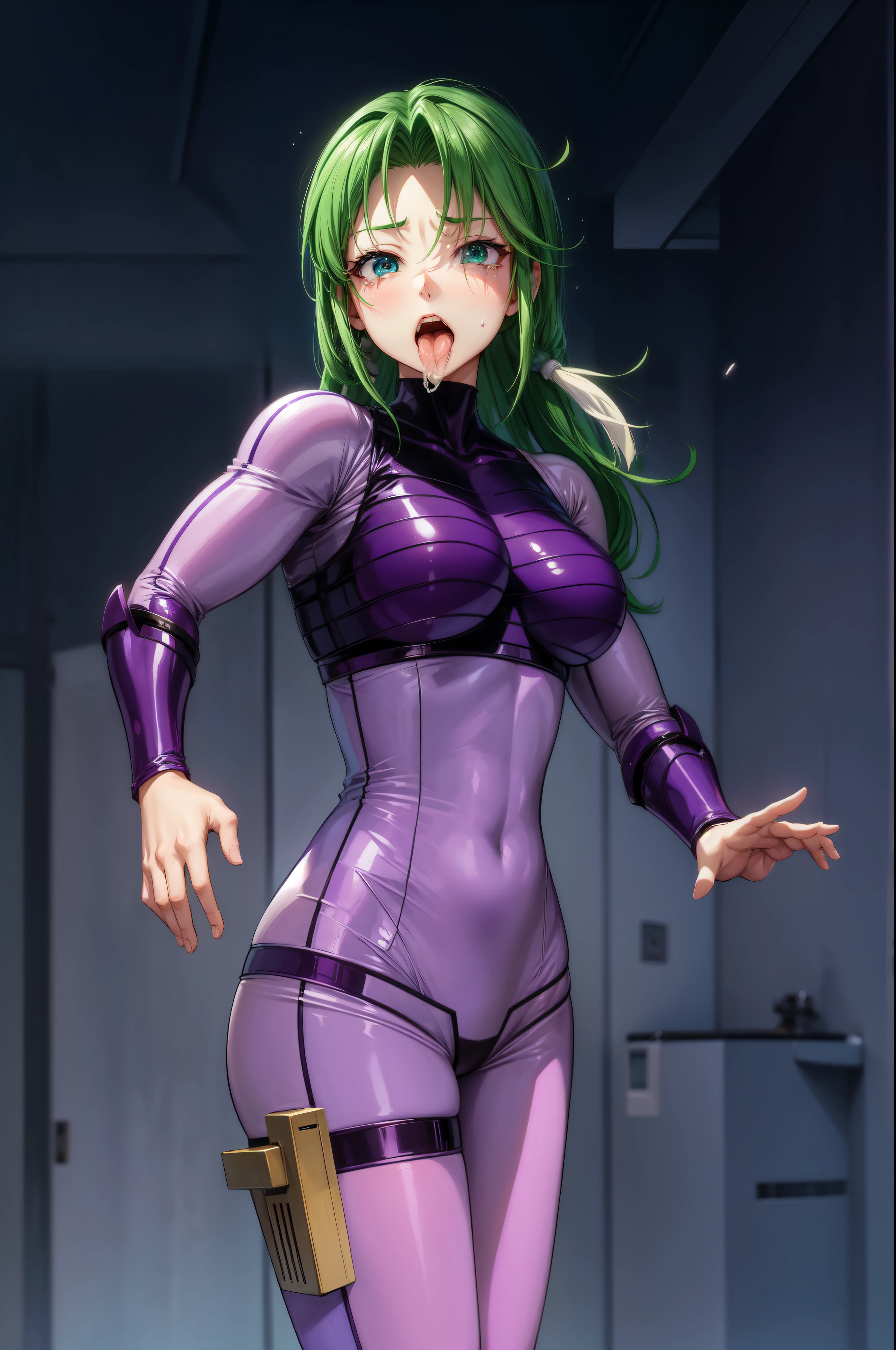 Female Combatant、Green haired Japanese girl、Close-up of a girl in a purple leotard、Purple shiny leotard、Purple Boots、Saiyan Girl, wonderful, Nano Girl, Female body type, Inspired by Hiromu Arakawa, Anime Manga Robot!! Anime Girls, Fubuki, Full Body Suit, by Hiromu Arakawa、wonderful, silk, Beautiful and attractive anime teen, Anime Girls of the future, tears,Drooling,Pee,Sweat,Tongue out,incontinence,Peeing、Estrus、Eyes wide open,Estrus,Blushing,Nipples are erect,Face is hot、Lust、incontinence