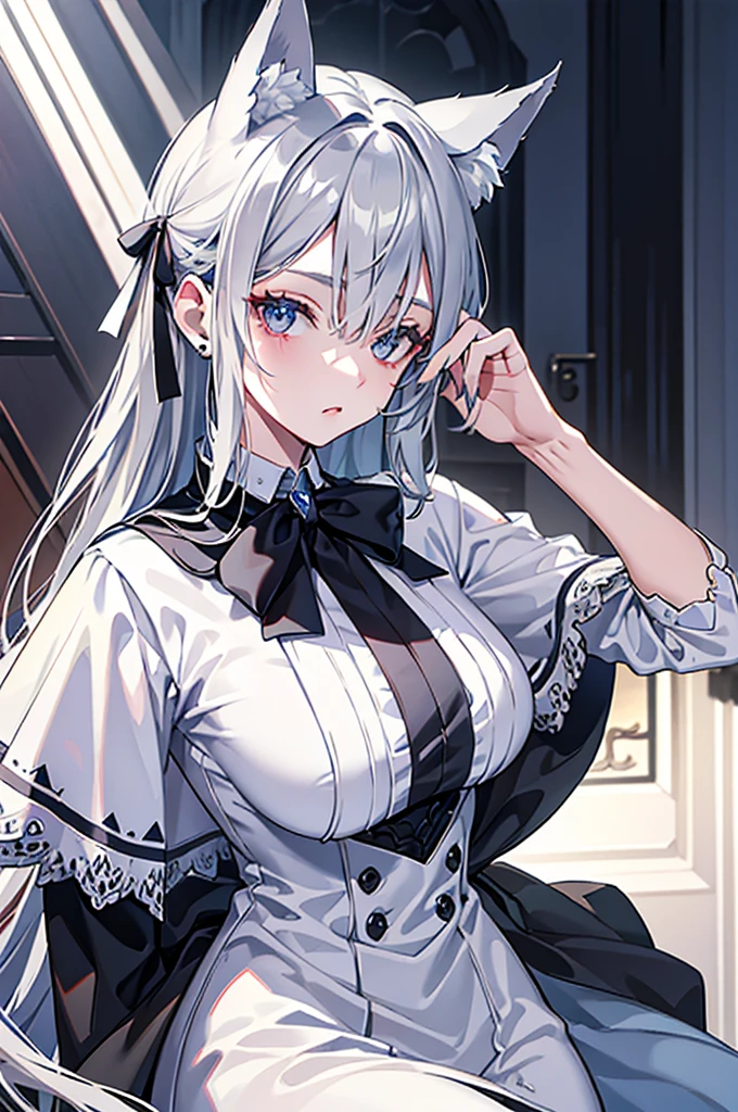 best qualtiy，tmasterpiece，The is very detailed，4K，Gray hair and shallow eyes，Drag cool expressions，Wolf ears，Erect scar on the left eye，British style，1girl，Absolutely beautiful, big bust, white costume, ear ribbon
