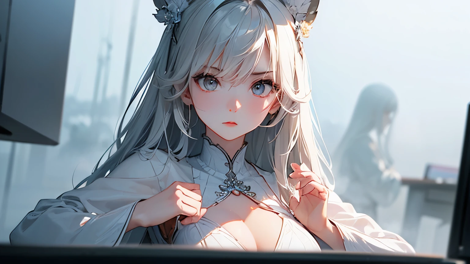 ((Biologically correct limb count))、(( Illustrations including faces))、4K、Masterpiece、((Focus on the face))、((Symmetrical, well-proportioned facial features))、Eyes with delicate depictions、Beautiful woman、Outstanding style、Slender Body、(suit、High heels、((skirt)))、(Looking up)、((Upper body close-up))、((Realistic photo))、（The background is the office、computer）、(((Thick Fog、The fog makes it hard to see)))、Look Up、Photo with white border、lie down、Prone
