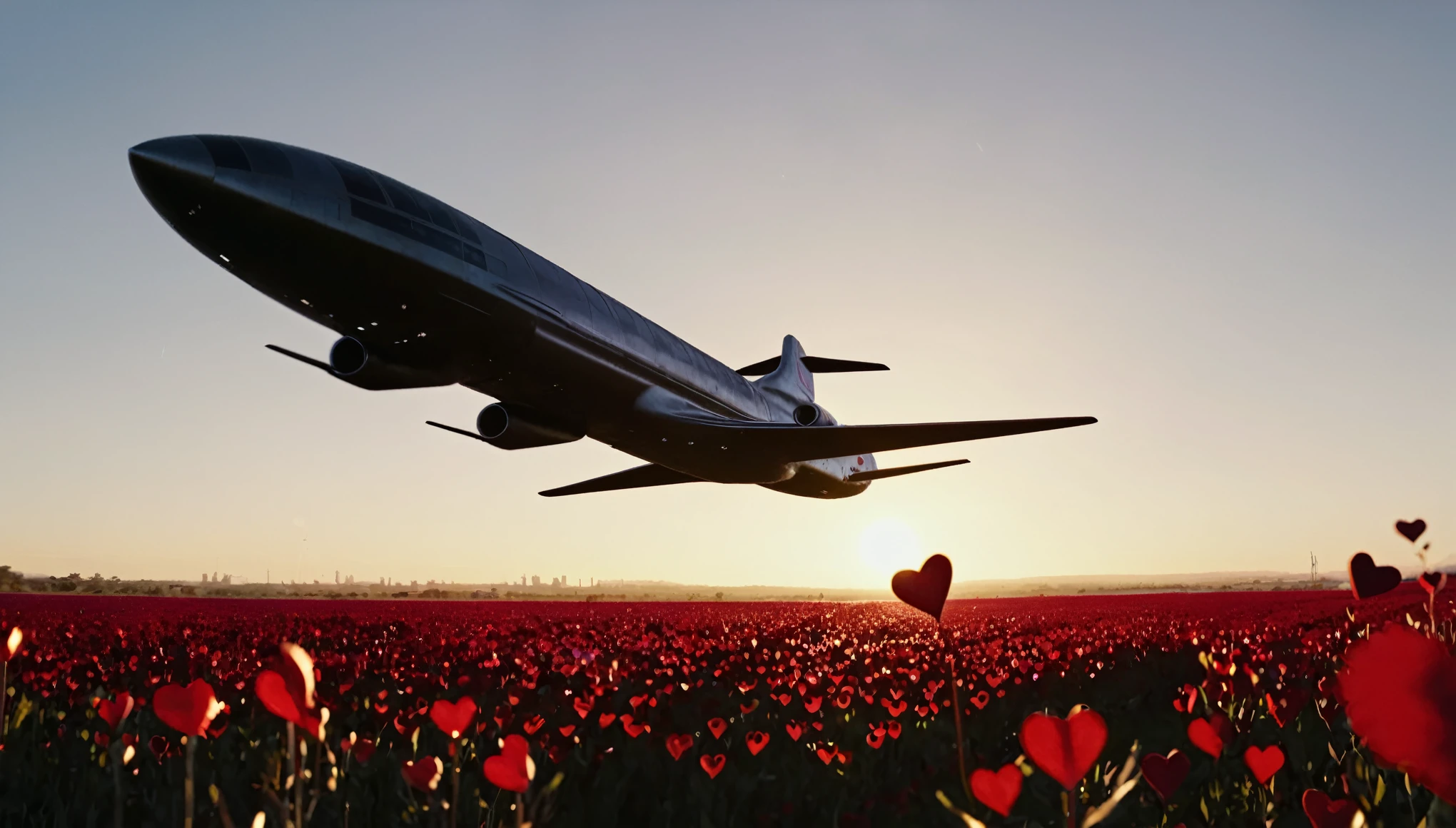 "Final shot of the space ship sci-fi fuselage taking off, silhouetted against the setting sun projectin a shadow incedible wherever flying back towards the metropolis, leaving the serene fields of a red hearts shape abstracts flowers behind. The camera lingers on the horizon, emphasizing the endless possibilities of the future."
