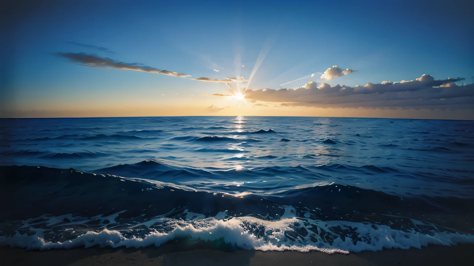 painting on the blue sea, the sun setting half of the sea, the shadow of the sun under the sea, a fresh blue color, extremely high resolution