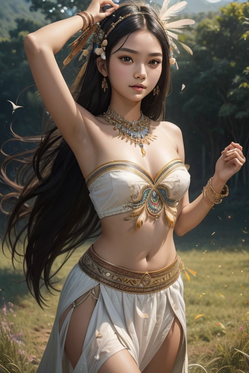 Indonesian young girl long black hair pretty face beautiful breast white skin, Wearing strapless Sleeveless Javanese traditional clothing complete with bird feather decoration on the head dancing with exposed armpits in grass field, (high quality), (masterpiece), (detailed), 8K, trending in ArtStation, Hyper-realistic, Bokeh, Full-Body Portrait, (Incredibly beautiful nature background:1.6), dynamic pose