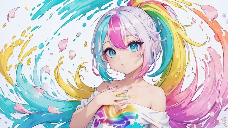 (Pink Fashion T-shirt:1.9),(Colorful hair: 1.8), (all the colours of the rainbow: 1.8),(((((vertical painting:1.6))), (painting:1.6),front, comics, illustrations, paintings, large eyes, crystal clear eyes,( rainbow color gradient high ponytail:1.7), exquisite makeup, closed mouth,(Small Fresh: 1.5),(Wipe Chest: 1.6) ,long eyelashes, white off shoulder T-shirt, White Shoulder Shirt,looking at the audience, large watery eyes, (rainbow colored hair:1.6), color splash, (solo:1.8), color splash, color explosion, thick paint style, messy lines, ((shining)),(colorful), (colorful), (colorful), colorful, Thick Paint Style, (Splash) (Color Splash), Vertical Painting, Upper Body, Paint Splash, Acrylic Pigment, Gradient, Paint, Highest Image Quality, Highest Quality, Masterpiece, Solo, Depth of Field, Face Paint, colorful clothes, (Elegant: 1.2), gorgeous,long hair, wind, (Elegant: 1.3), (Petals: 1.4),(((masterpiece))),(((best quality))),((ultra-detailed)),(illustration),(dynamic angle),((floating)),(paint),((disheveled hair)),(solo),(1girl) , (((detailed anima face))),((beautiful detailed face)),collar,bare shoulders,white hair, ((colorful hair)),((streaked hair)),beautiful detailed eyes,(Gradient color eyes),(((colorful eyes))),(((colorful background))),(((high saturation))),(((surrounded by colorful splashes))),