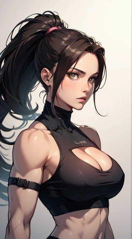 a drawing of a female lara croft,long plaited ponytail(pink skintone:0.9), muscular body, feminine, huge upper body, wide shoulders, veins, beautiful face, full lips, slim face, high cheekbones, muscular, pale blue top, in the art style of mohrbacher, in style of peter mohrbacher