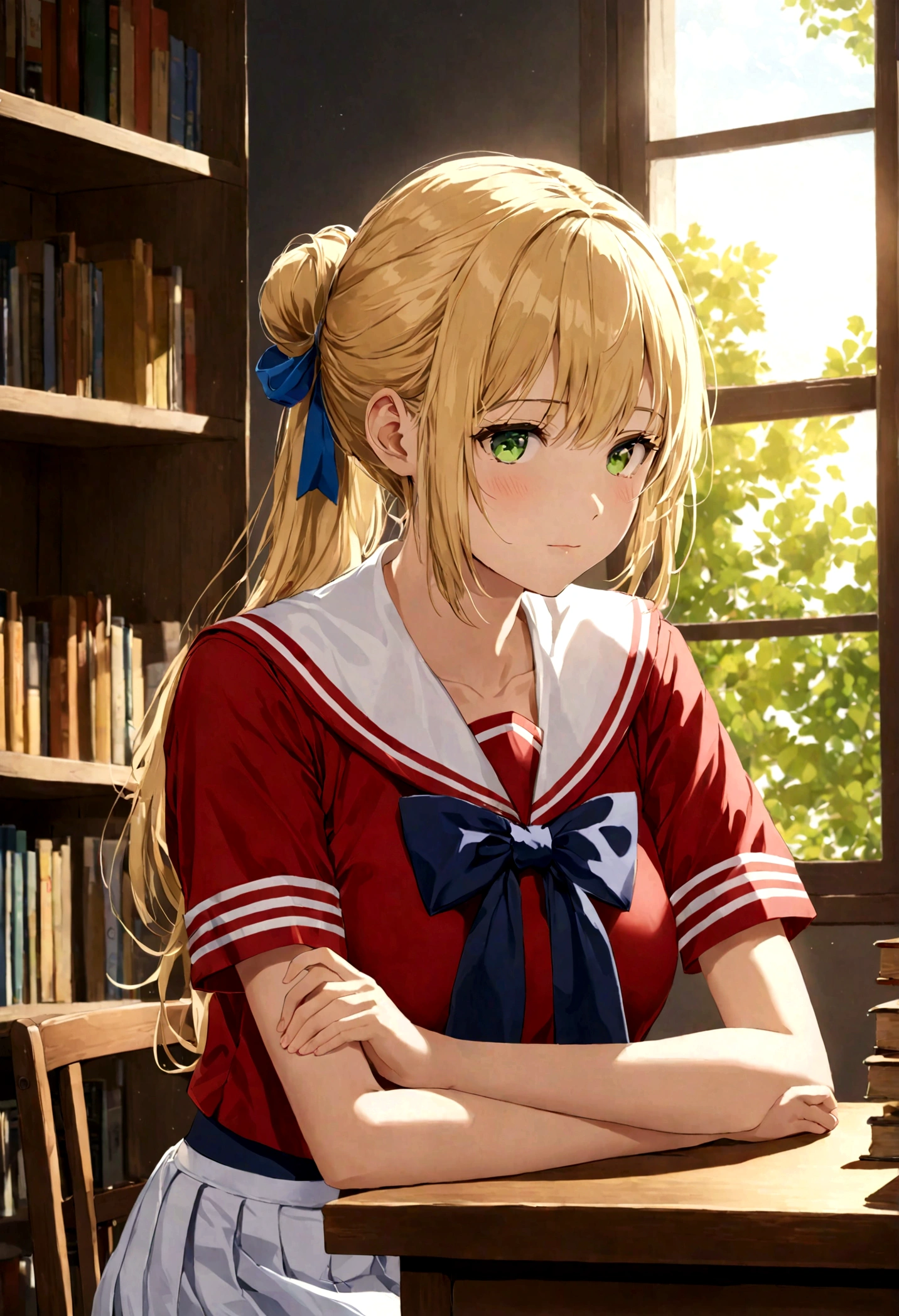 ((masterpiece,best quality, high resolution)), 1 Girl, Solitary, Green Eyes, Long blond hair tied with a blue ribbon, Bangs, sit, Cross your arms on the table, Sleeping with arms folded, Uniforms, Shirase Fuku, Red sailor collar, Short sleeve, White pleated skirt, (In the library), Dramatic lighting, Next to the window, afternoon light through the window, afternoon, Bokeh effect