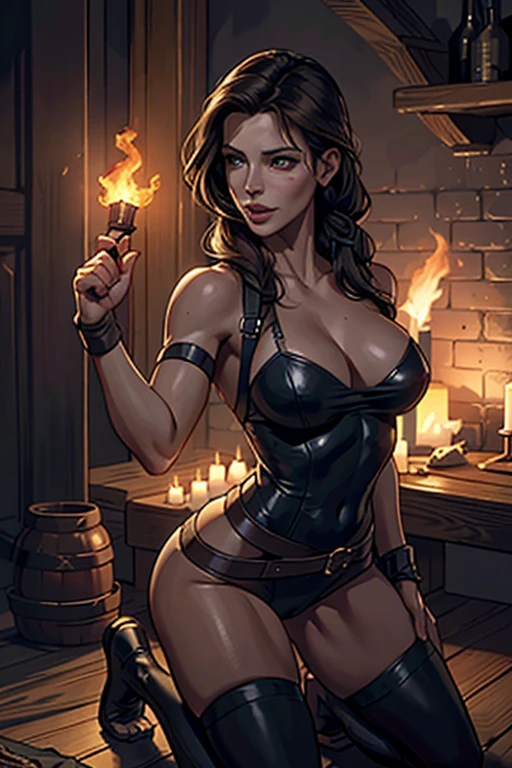 ((highest quality)), ((masterpiece)), (be familiar with), (High definition), (Realistic), (Realistic), (Best Shadow), Low contrast, (Complex:1.4), Side lighting, 8K, ((kate beckinsale)), ((lara croft)), Perfect Face、Detailed、(Accurate hand and finger depiction)、lata croft women、Brunette with long brown plaited ponytail 、Voluptuous body、big breasts、Narrow waist、Big Ass、Alluring、glamorous、((On all fours))torch lit cave、Night view