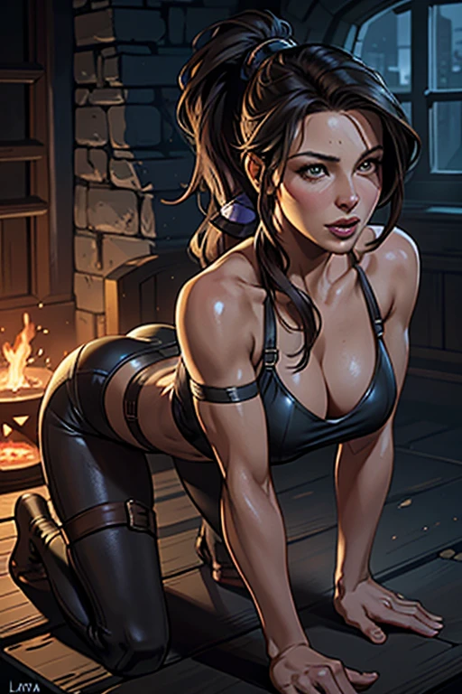 ((highest quality)), ((masterpiece)), (be familiar with), (High definition), (Realistic), (Realistic), (Best Shadow), Low contrast, (Complex:1.4), Side lighting, 8K, ((kate beckinsale)), ((lara croft)), Perfect Face、Detailed、(Accurate hand and finger depiction)、lata croft women、Brunette with long brown plaited ponytail 、Voluptuous body、big breasts、Narrow waist、Big Ass、Alluring、glamorous、(())torch lit cave、Night view