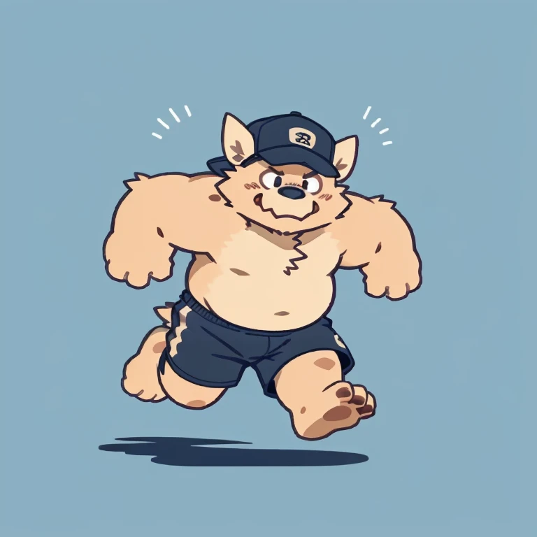 dragon face,Cute face,Humanity(dragon), (cap, running , with shorts) ,(Sideways, sidled), Chubby,(white eyebrows:1.1),(perfect black eyes),Simple background, Blue Background,print style。(Artist:Takemoto Arashi