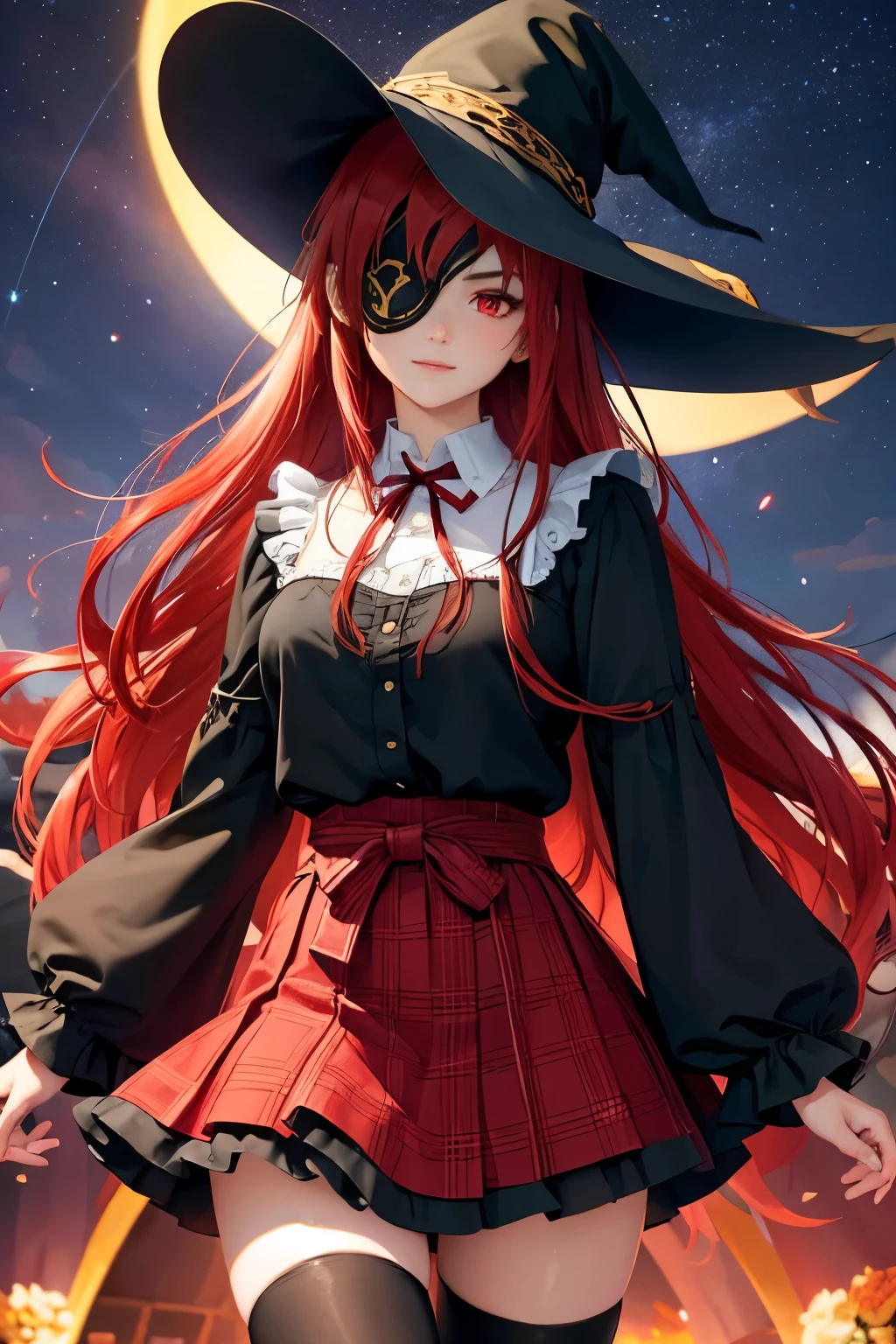 ((best quality)), ((masterpiece)), (detailed), perfect face, ((eyepatch:1.2)), (long hair:1.4), (red hair, red eyes:1.4), 1girl, solo, hat, skirt, legging, witch hat, dirndl gown, black headwear, black dirndl gown, smile, outdoors, black skirt, looking at viewer, black legging, rose pattern legging, red witch hat, long sleeves, bangs, ribbon, frilled skirt, frills, plaid, bow, open clothes, blush, neck ribbon, Star shape eyepatch, gold eyepatch, standing, red ribbon, wide sleeves, black robe, open robe, robe, , hand on waist, medium breasts, large breasts, night, starry night sky, cowboy shot ,masterpiece