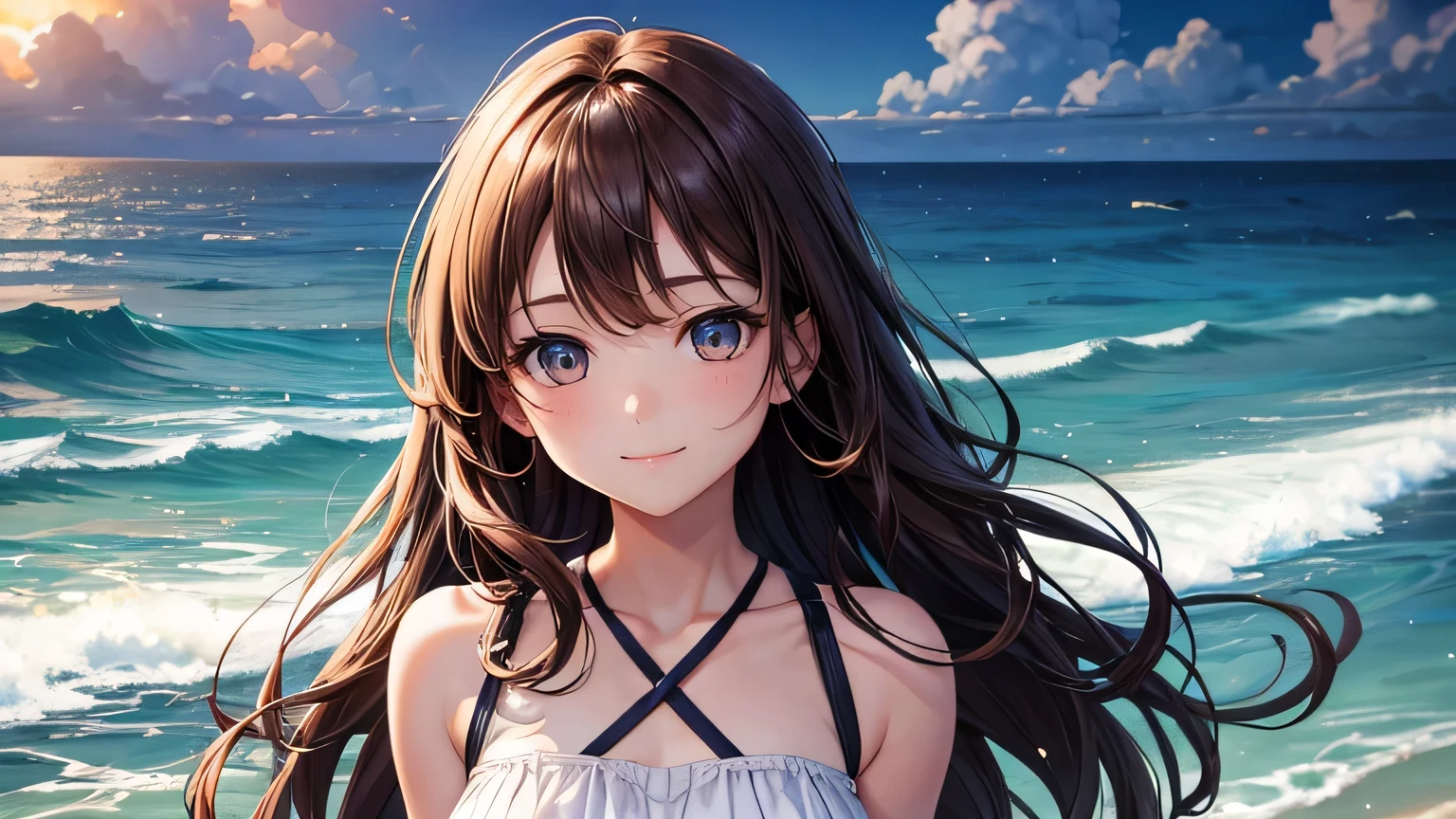 Beautiful woman 1.3, Beautiful brown hair: 1.2, , Ocean shore in the evening: 1.2,beach: 1.1, Ultra-high resolution, Accurate, Super detailed, Textured skin, High detail, highest quality, 8k,Thin bangs,Upper Body,Well-drawn eyes, Focus on the face,White cross strap tank top dress,Detailed hair depiction,Detailed depiction of eyes、Detailed depiction of hair、Sunset、Wave、Ocean、Upper Body、smile