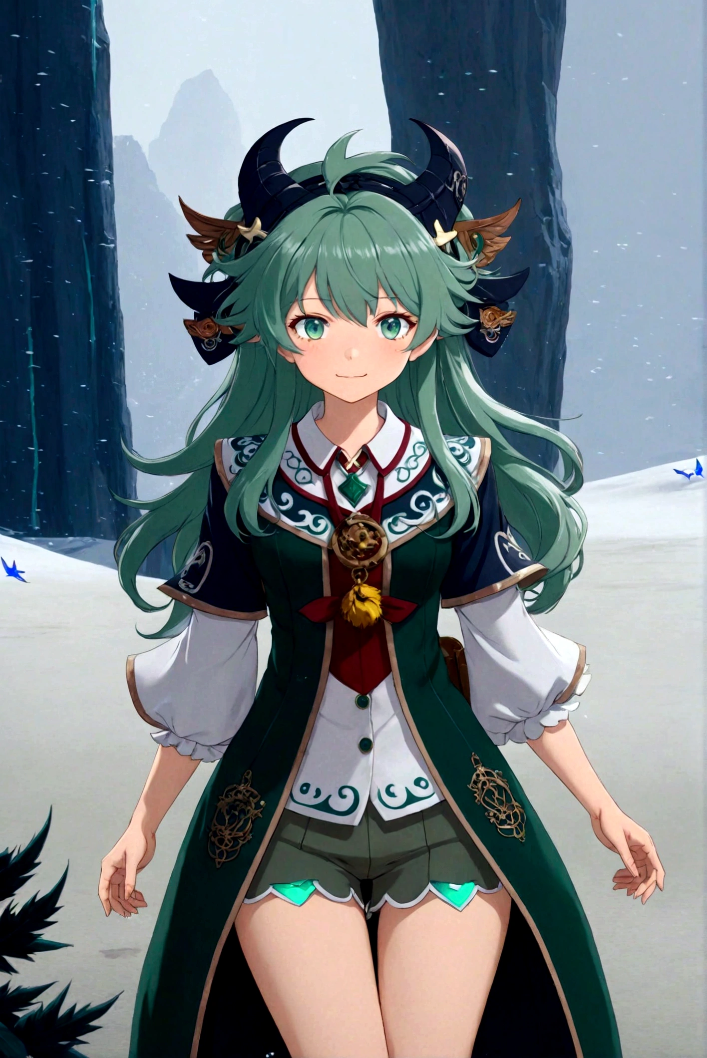 a beautiful anime girl with green hair, wearing a white shirt with a collar, detailed and realistic, highly detailed face and eyes, intricate details, photorealistic, 8k, masterpiece, vivid colors, dramatic lighting, cinematic composition, fantasy, elegant, graceful, peaceful expression,Runes,Demon Catcher,Green long hair