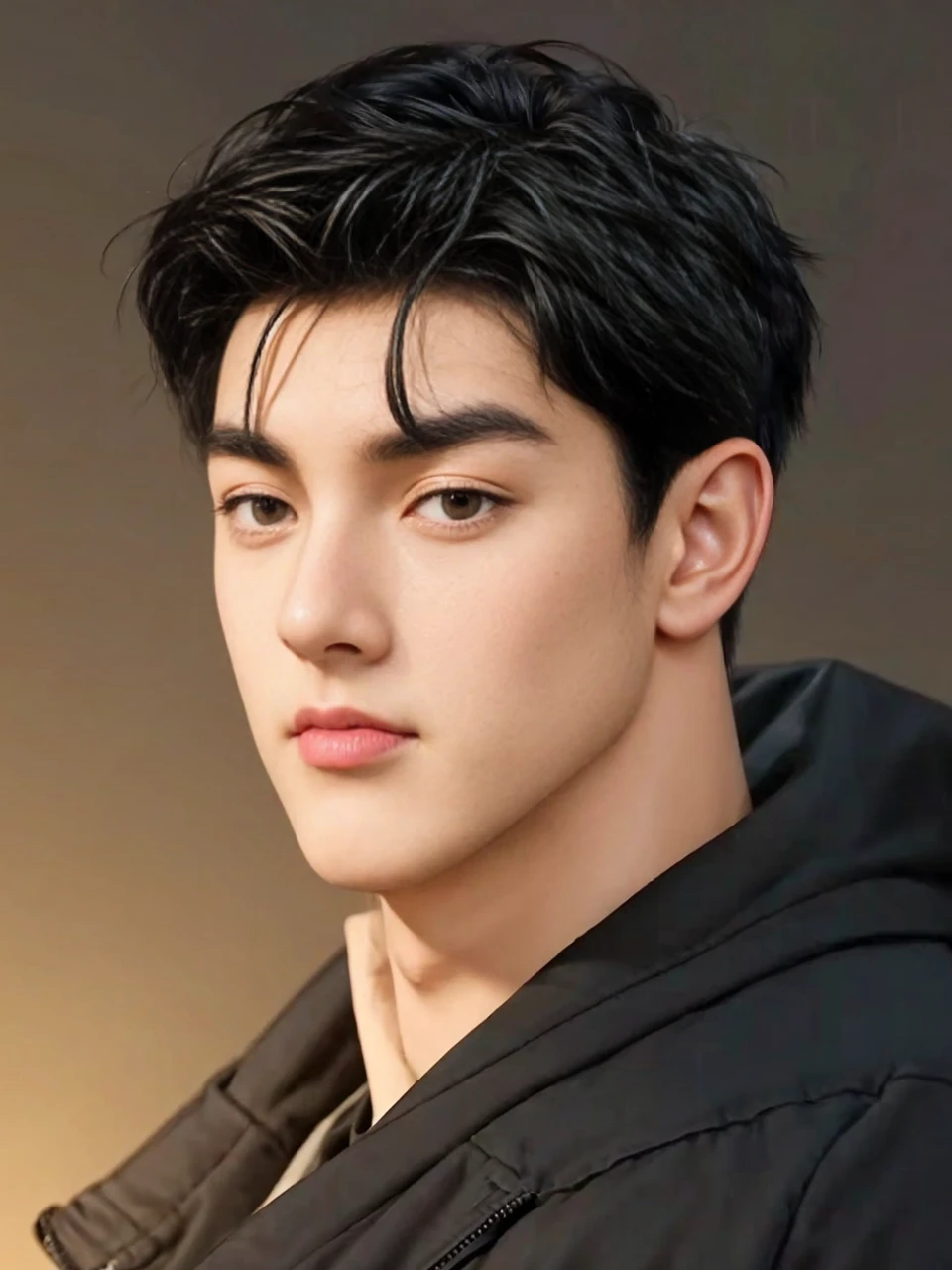 masterpiece, 1boy, young, handsome, black hair, undercut hair, perfect face, detailed eyes and face,black eyes, jacket, clean shaved, muscular, capturing a rural atmosphere, dynamic lighting, unreal engine 5
