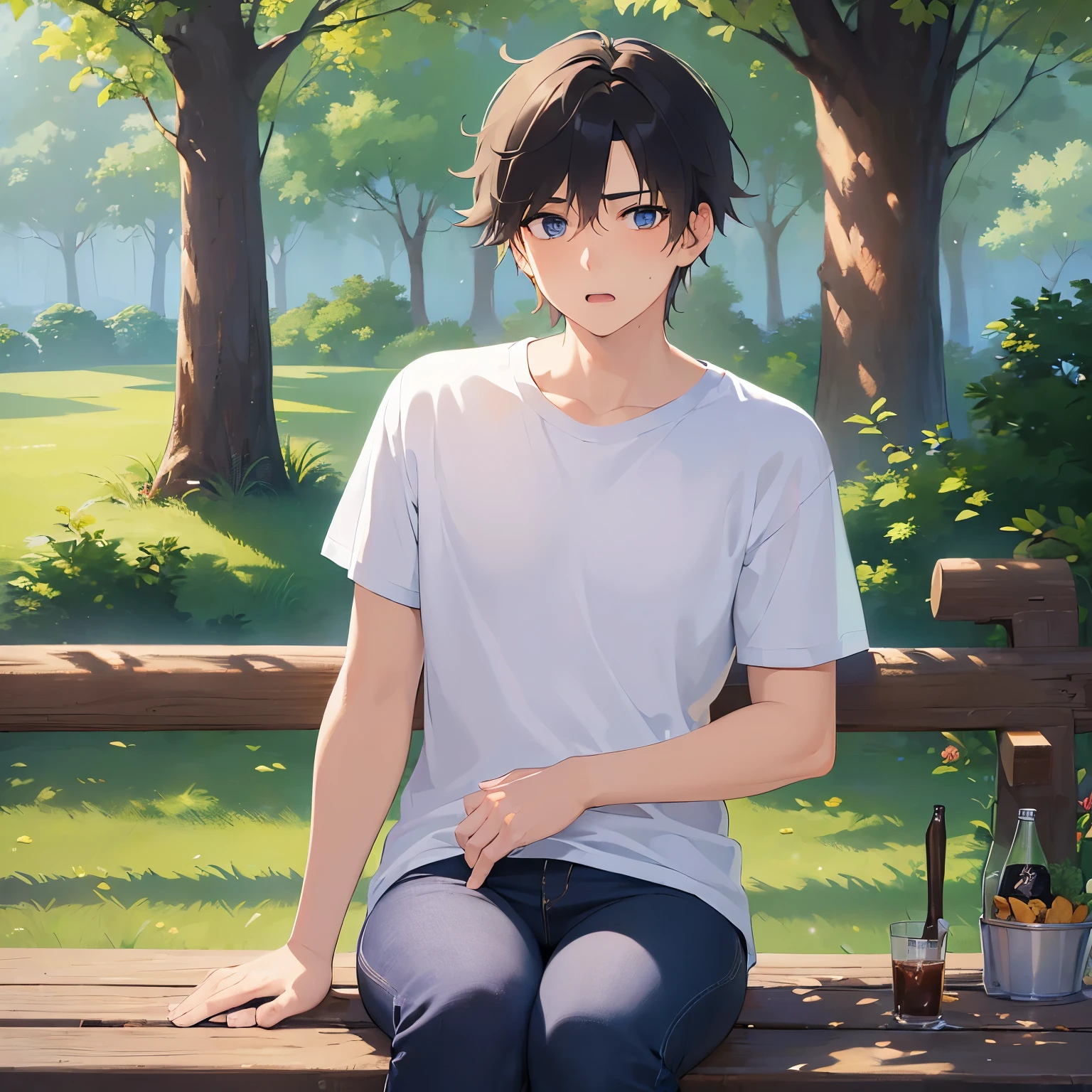Detailed CG,Ultra-fine illustrations,masterpiece,highest quality,BREAK(28-year-old male:1.5)and(Black Short Hair)and(blue eyes)BREAK,(White T-shirt:1.5)and(jeans),(frown:1.5)and(open mouth),(hand on own head:1.5)and(Biologically correct5Finger)and(missing fingers),Upeer body,In the background is a park bench,alone