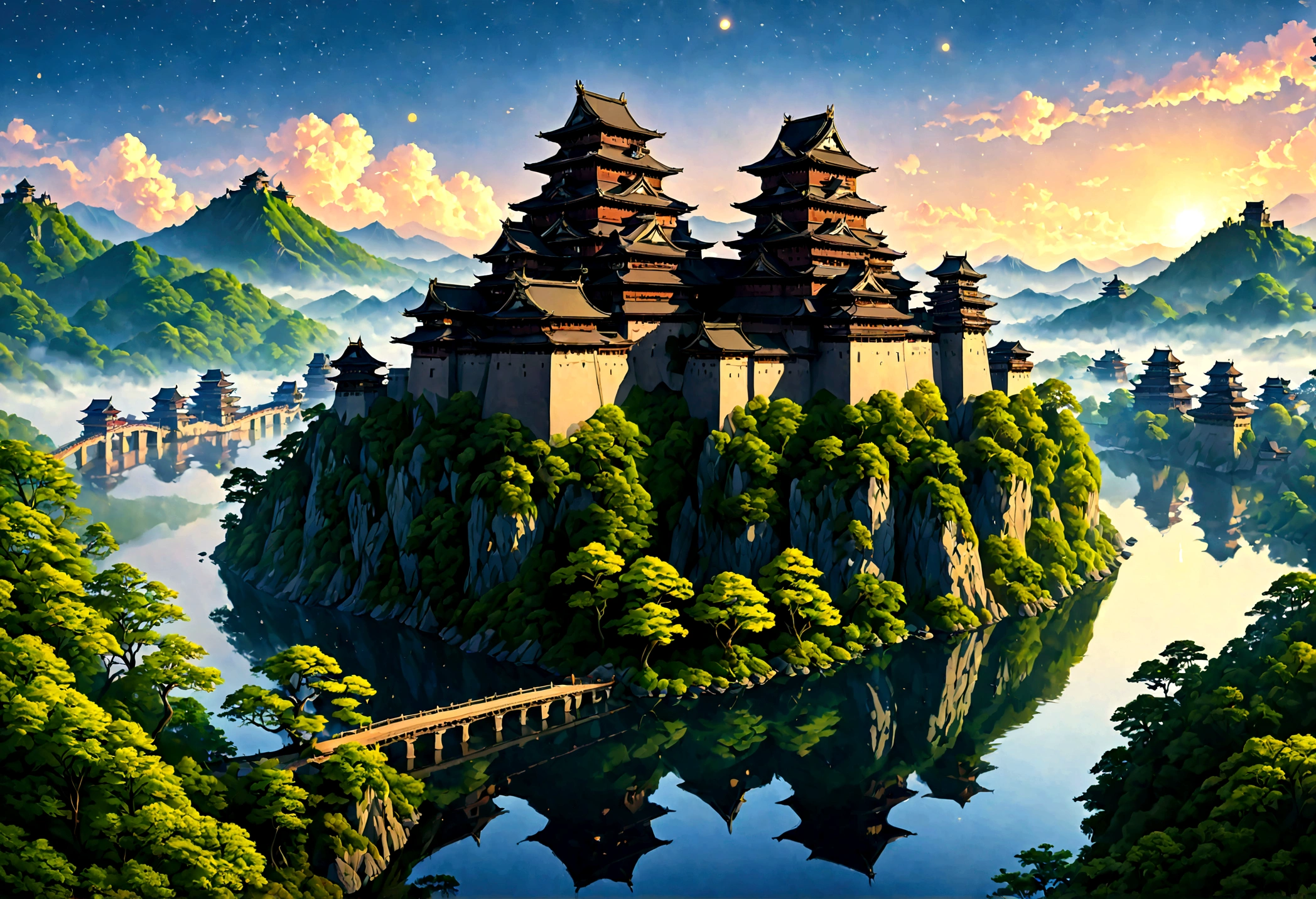 an award winning picture, National Geographic style, Arafed, magnificent artistic picture of a (Japanese medieval castle: 1.4) (masterpiece, best detailed: 1.4)on a mountain range near a lake at dusk, fantasy art D&D art, castle, with towers, turrets, barbican, it is dusk time, the sun is going down, and there are stars in the skies, the last rays of sun, there is a ((bridge lit by torches: 1.4)) crossing to the other side, the castle is being reflected in the water, mist rising from the water, fantasy forest background, ultra best realistic, best details, 16k, [ultra detailed], masterpiece, best quality, (extremely detailed), photorealism, depth of field, hyper realistic painting, digital art