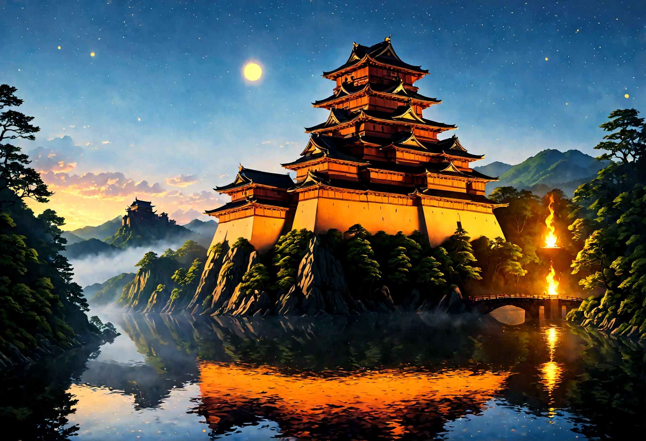 an award winning picture, National Geographic style, Arafed, magnificent artistic picture of a (Japanese medieval castle: 1.4) (masterpiece, best detailed: 1.4)on a mountain range near a lake at dusk, fantasy art D&D art, castle, with towers, turrets, barbican, it is dusk time, the sun is going down, and there are stars in the skies, the last rays of sun, there is a ((bridge lit by torches: 1.4)) crossing to the other side, the castle is being reflected in the water, mist rising from the water, fantasy forest background, ultra best realistic, best details, 16k, [ultra detailed], masterpiece, best quality, (extremely detailed), photorealism, depth of field, hyper realistic painting, digital art