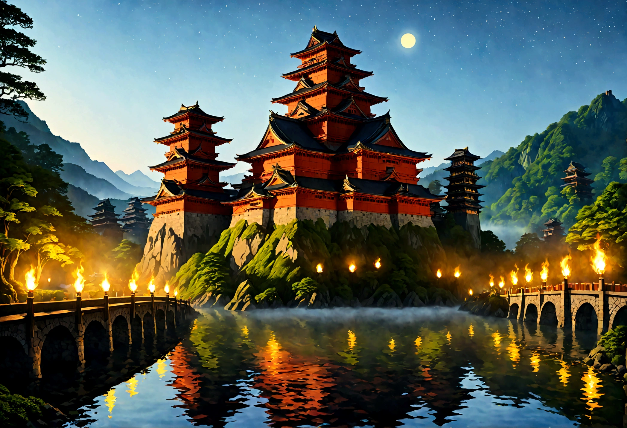 an award winning picture, National Geographic style, Arafed, magnificent artistic picture of a (Japanese medieval castle: 1.4) (masterpiece, best detailed: 1.4)on a mountain range near a lake at dusk, fantasy art D&D art, castle, with towers, turrets, barbican, it is dusk time, the sun is going down, and there are stars in the skies, the last rays of sun, there is a ((bridge lit by torches: 1.4)) crossing to the other side, the castle is being reflected in the water, mist rising from the water, fantasy forest background, ultra best realistic, best details, 16k, [ultra detailed], masterpiece, best quality, (extremely detailed), photorealism, depth of field, hyper realistic painting, digital art