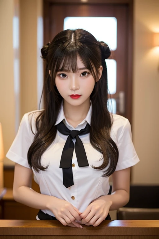 1 korean girl, big breasts, strikingly beautiful, delicate facial features, expressive eyes, black hair, red lips, standing . she is putting her hands together in a polite position and lowering them down to her waist. view me, dressed in hotel uniform, reception desk uniform, put her bangs back up and tied them up, single hair bun, from front,