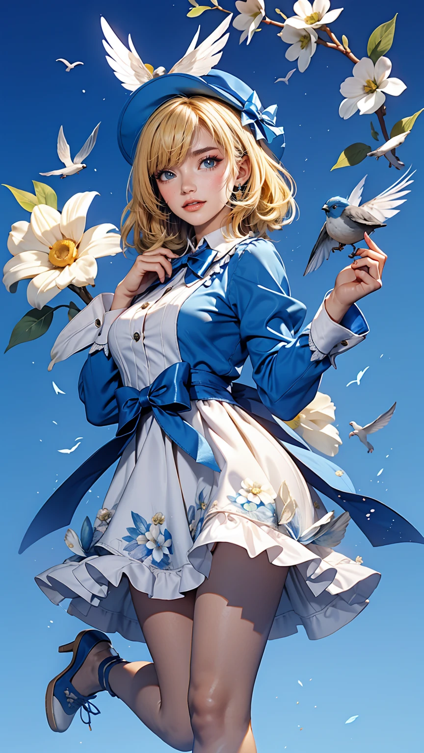 uekura, One girl, Blonde Hair, Have, dress, Blue footwear, wing, Simple Background, sign, flower, Manicure, Wide sleeves, Long sleeve, blush, animal, white flower, alone, whole body, bird, View Viewer, High heels, Put your hand on your cheek, put your hand on your face, Frills, bow, bangs, ribbon, Bell, Blue hat, +_+, shoes下, short hair, Grey Eyes, shoes, Blue Claws, feathered wing, blue bow