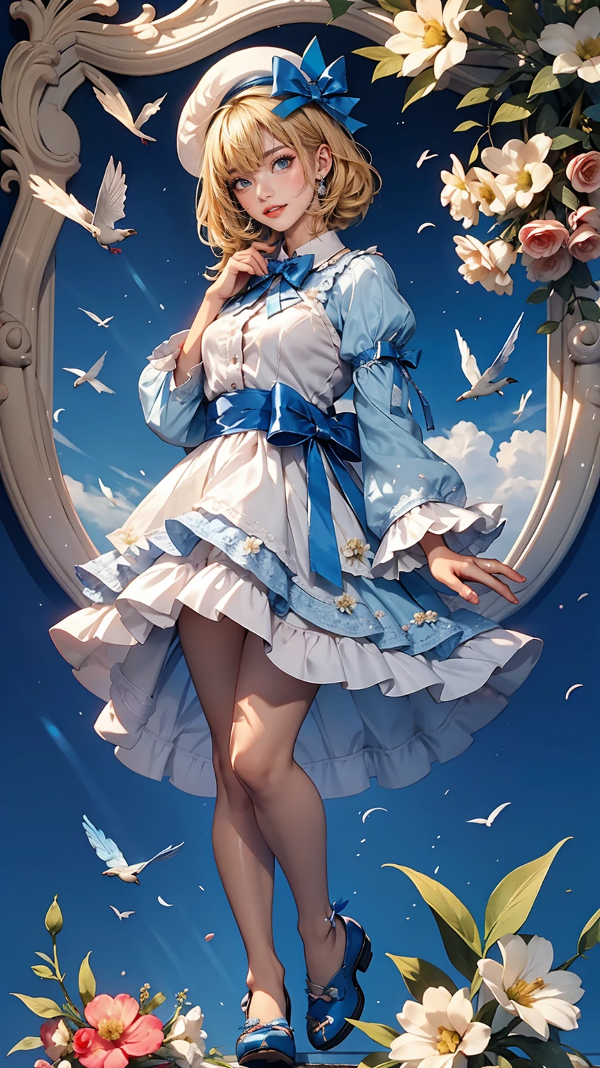 uekura, One girl, Blonde Hair, Have, dress, Blue footwear, wing, Simple Background, sign, flower, Manicure, Wide sleeves, Long sleeve, blush, animal, white flower, alone, whole body, bird, View Viewer, High heels, Put your hand on your cheek, put your hand on your face, Frills, bow, bangs, ribbon, Bell, Blue hat, +_+, shoes下, short hair, Grey Eyes, shoes, Blue Claws, feathered wing, blue bow
