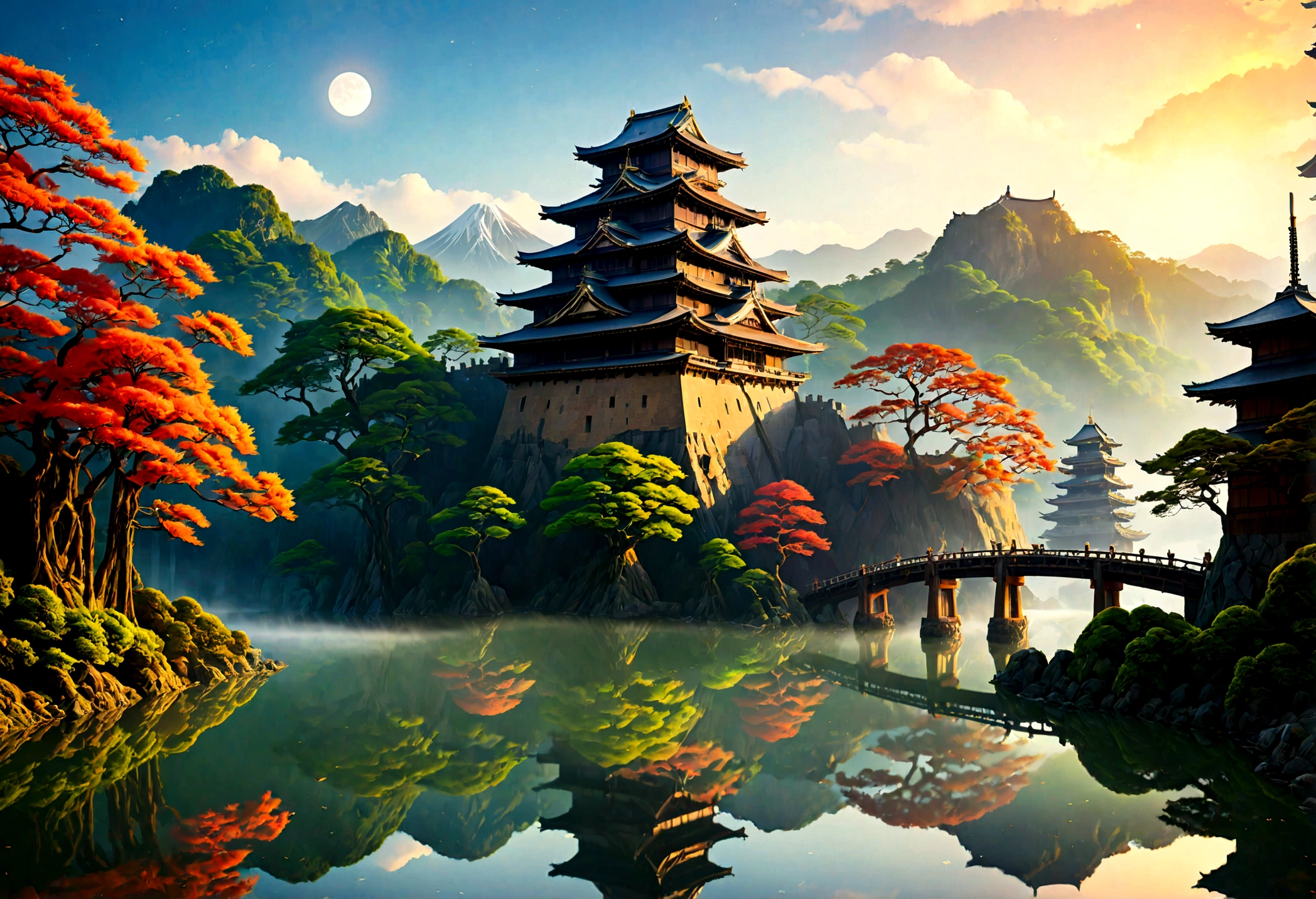 an award winning picture, National Geographic style, Arafed, magnificent artistic picture of a (Japanese medieval castle: 1.4) (masterpiece, best detailed: 1.4)on a mountain range near a lake at dusk, fantasy art D&D art, castle, with towers, turrets, barbican, it is dusk time, the sun is going down, and there are stars in the skies, the last rays of sun, there is a ((bridge lit by torches: 1.4)) crossing to the other side, the castle is being reflected in the water, mist rising from the water, fantasy forest background, ultra best realistic, best details, 16k, [ultra detailed], masterpiece, best quality, (extremely detailed), photorealism, depth of field, hyper realistic painting, Cinematic Hollywood Film style, digital art