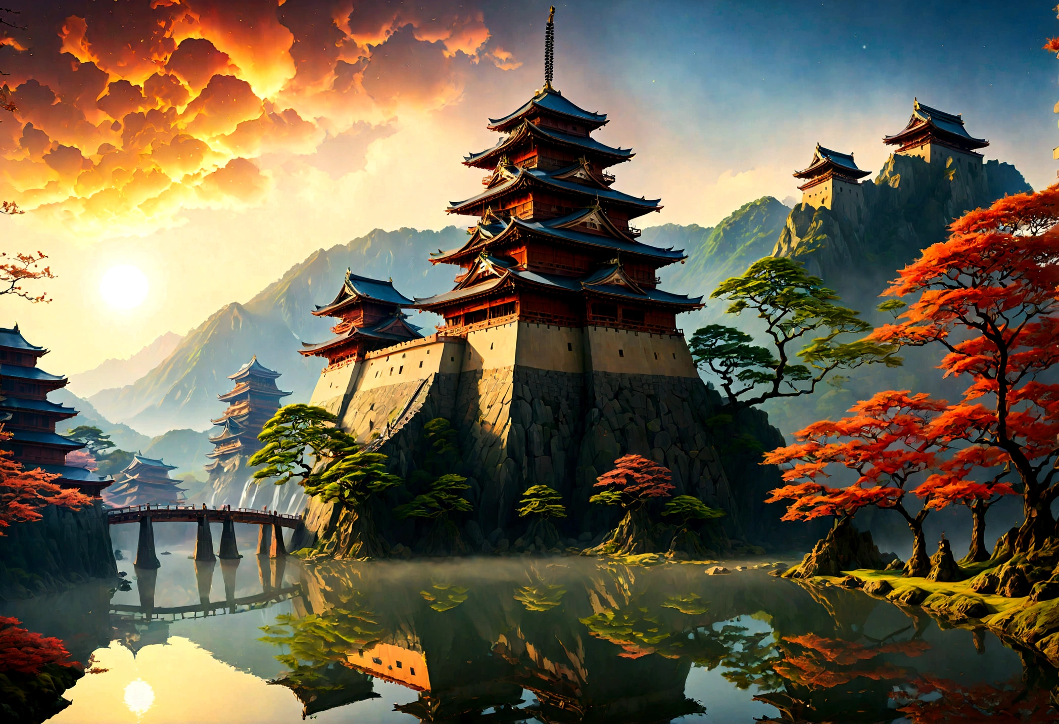 an award winning picture, National Geographic style, Arafed, magnificent artistic picture of a (Japanese medieval castle: 1.4) (masterpiece, best detailed: 1.4)on a mountain range near a lake at dusk, fantasy art D&D art, castle, with towers, turrets, barbican, it is dusk time, the sun is going down, and there are stars in the skies, the last rays of sun, there is a ((bridge lit by torches: 1.4)) crossing to the other side, the castle is being reflected in the water, mist rising from the water, fantasy forest background, ultra best realistic, best details, 16k, [ultra detailed], masterpiece, best quality, (extremely detailed), photorealism, depth of field, hyper realistic painting, Cinematic Hollywood Film style, digital art