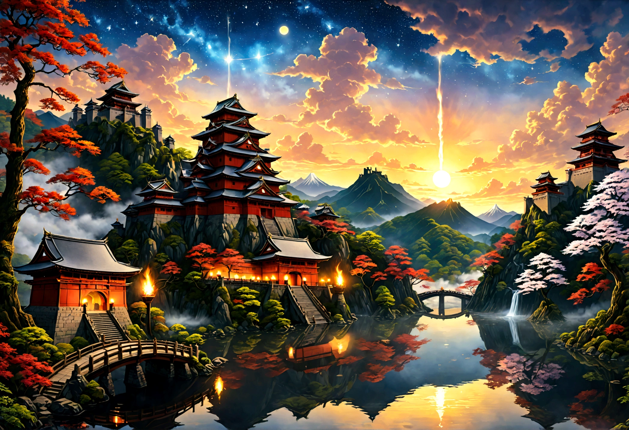 an award winning picture, National Geographic style, Arafed, magnificent artistic picture of a (Japanese medieval castle: 1.4) (masterpiece, best detailed: 1.4)on a mountain range near a lake at dusk, fantasy art D&D art, castle, with towers, turrets, barbican, it is dusk time, the sun is going down, and there are stars in the skies, the last rays of sun, there is a ((bridge lit by torches: 1.4)) crossing to the other side, the castle is being reflected in the water, mist rising from the water, fantasy forest background, ultra best realistic, best details, 16k, [ultra detailed], masterpiece, best quality, (extremely detailed), photorealism, depth of field, hyper realistic painting, Cinematic Hollywood Film style, digital art