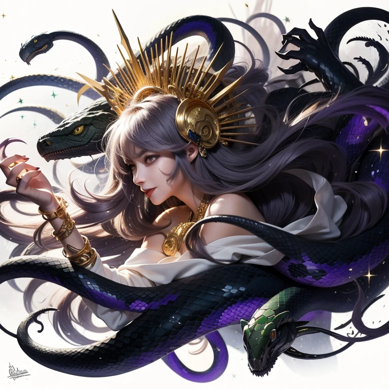 (masterpiece),(best quality:1.0), (ultra highres:1.0), detailed,Woman and snakes、Upper Body、profile、Cool smile、A woman with bare shoulders wearing a white cloth、Ferocious serpent、Real scale texture、The surface of the wet scales shines dully.、Menacing serpent、Facing left、Emerald green eyes、Gold Hair Ornament、Gold bracelet、Holding your right hand forward、He has long gold needles on the middle and ring fingers of his right hand.、Some snakes can see into space、Gray purple hair、Medium Hair、A woman, a snake and a mysterious black hand coming out of the darkness、Starry Universe、A white mist surrounds