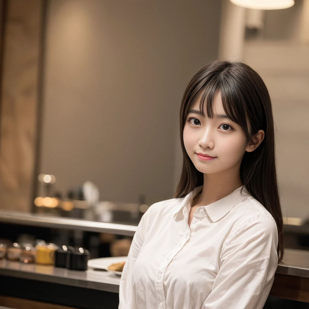 masterpiece, highest quality, 8k, Disorderly person, (Upper Body:1.4), Stylish cafe,White shirt, beautiful girl, Cute Face, Looking at the audience, smile, Ultra-realistic, High resolution, photograph, Sharp focus, High resolution, Face Light, Dynamic Lighting, Cinema Lighting, Professional Shadow, Beautiful cafe background, Best details, Very detailed, Very detailed, finely, Real Skin, Delicate features, Detailed face and eyes, Sharp pupils、Real students