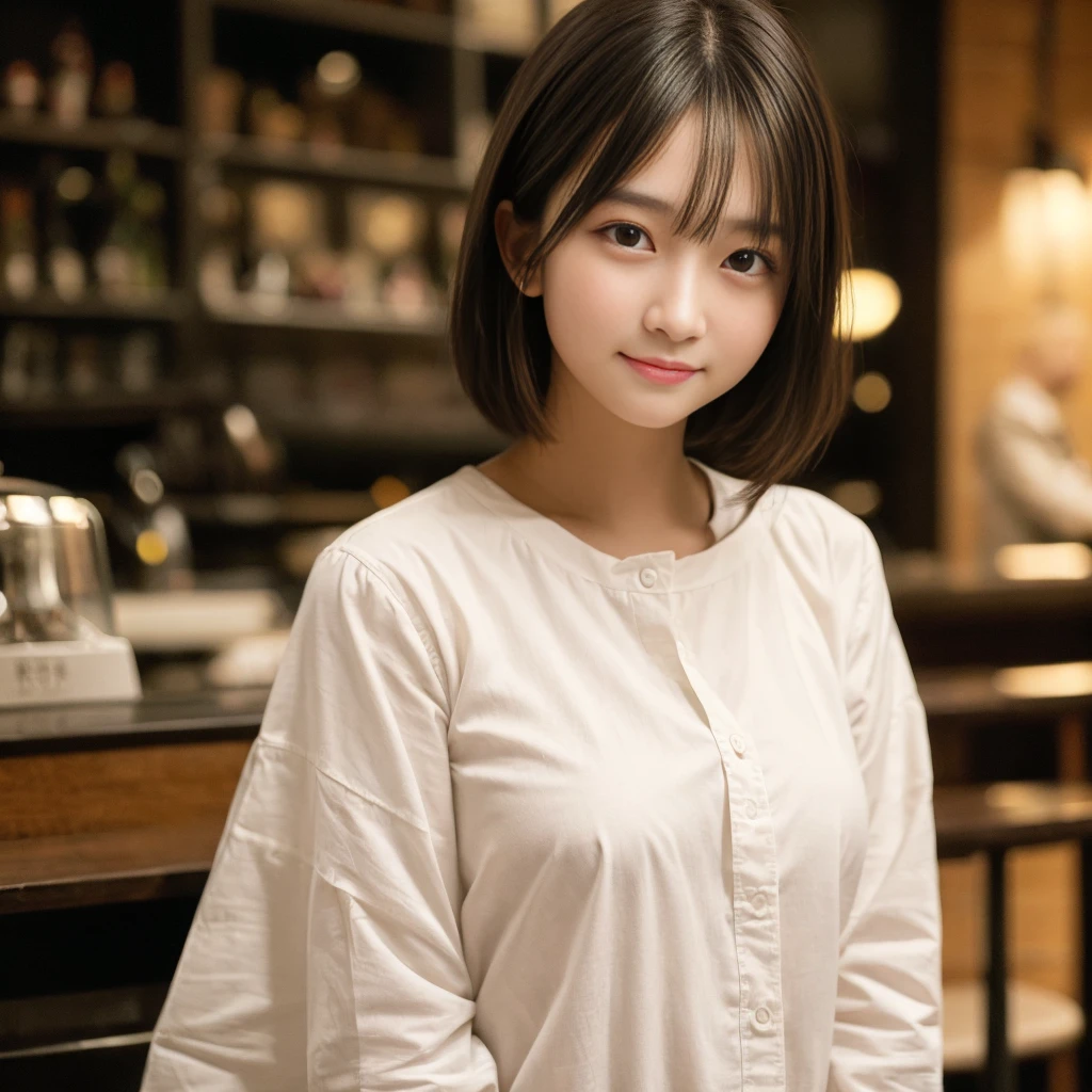 masterpiece, highest quality, 8k, Disorderly person, (Upper Body:1.4), Stylish cafe,White shirt, beautiful girl, Cute Face, Looking at the audience, smile, Ultra-realistic, High resolution, photograph, Sharp focus, High resolution, Face Light, Dynamic Lighting, Cinema Lighting, Professional Shadow, Beautiful cafe background, Best details, Very detailed, Very detailed, finely, Real Skin, Delicate features, Detailed face and eyes, Sharp pupils、Real students