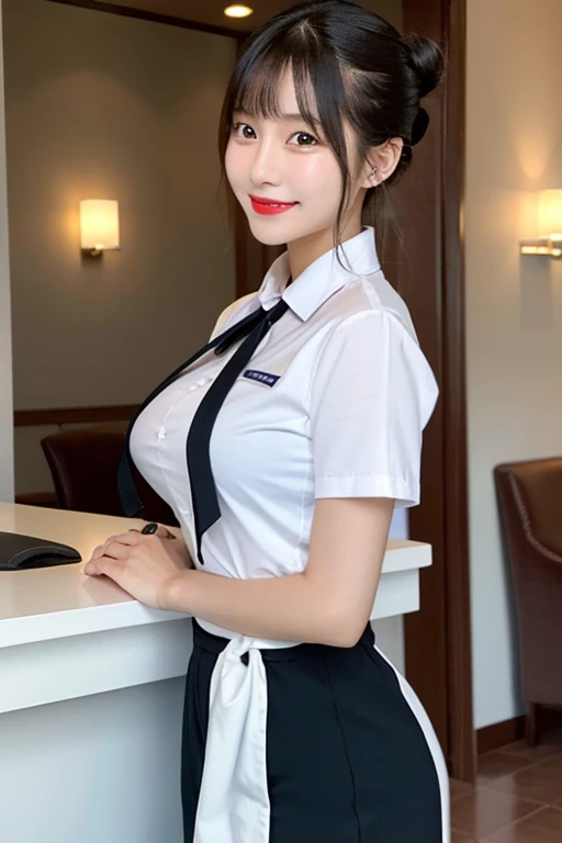 1 korean girl, big breasts, strikingly beautiful, delicate facial features, expressive eyes, black hair, red lips, standing . she is putting her hands together in a polite position and lowering them down to her waist. view me, dressed in hotel uniform, reception desk uniform, put her bangs back up and tied them up, single hair bun, from front, she greet me with a bright smile,