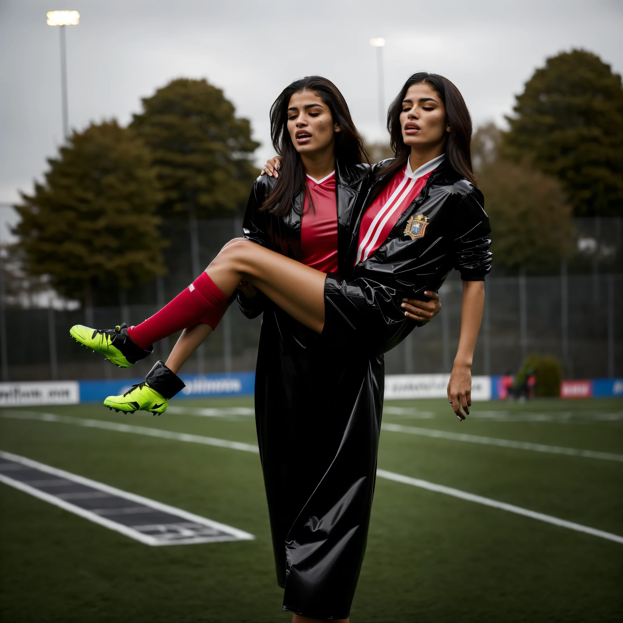 a portuguese girl is standing in a laquered and very shiny quilted coat, a standing woman carries an injured man-soccer-player, a woman carries a man, a portuguese woman carries a male soccer player in her arms, rainy weather, rainfall, humid, girl carries guy, lift and carry, an excessively madeup latino-girl in a high-shine wet black latex downcoat, a soccer scene, very matte cotton soccer sportswear on a well shaped male body, a soccer injury, first aid carry at a soccer match, a young madeup latino-girl in a shiny black vinyl downjacket, a madeup latino-girl in a shiny plastic-downcoat, a very sad and desperately crying latino-girl, an intensely madeup latino-girl in a glossy black vinyl-downcoat, latino-girl with lipstick, latino-girl with smoky eyes, dramatic action pose, woman that is carrying a skinny shorthaired man, there is a beautiful woman in a shiny coat who is carrying a shorthaired blond man in her arms, a longhaired beautiful woman in a high-shine black puffy coat, a longhaired woman in a shiny downcoat, a woman is carrying a shorthaired man who is wearing black shorts, a weak shorthaired man in black shorts is consciousless and needs to be carried, a shorthaired man with closed eyes is carried in the arms of a longhaired latino-woman, a latino-woman looks very scared and terrified, a consciousless shorthaired man with closed eyes is suffering very much and has a very painful face, photo, photo shoot, photographed, arafed man being carried by a woman, very realistic, very very realistic, hyper-realistic, hyper - realistic, hyper realistic, jacket over bare torso, very disturbing, very hyperrealistic, super realistic, hyperrealistic!, extremely realistic, very very very realistic, super-realistic, very matte, very dull, pure cotton, soccer sportswear