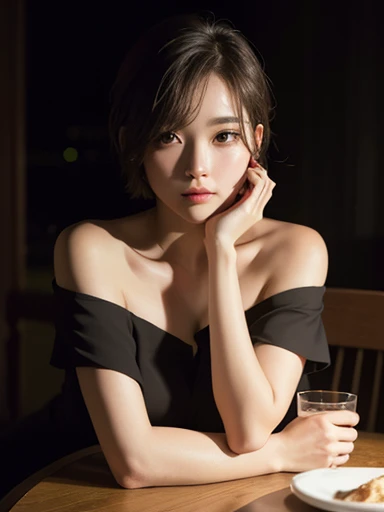 a beautiful young woman sitting at a table in the dark, wearing an off-the-shoulder dress, her short hair framing her face, bathed in a cold, dramatic lighting that casts deep shadows, a realistic and high-resolution RAW photo showcasing her captivating and alluring look, 2 arms, 5 fingers per hand 